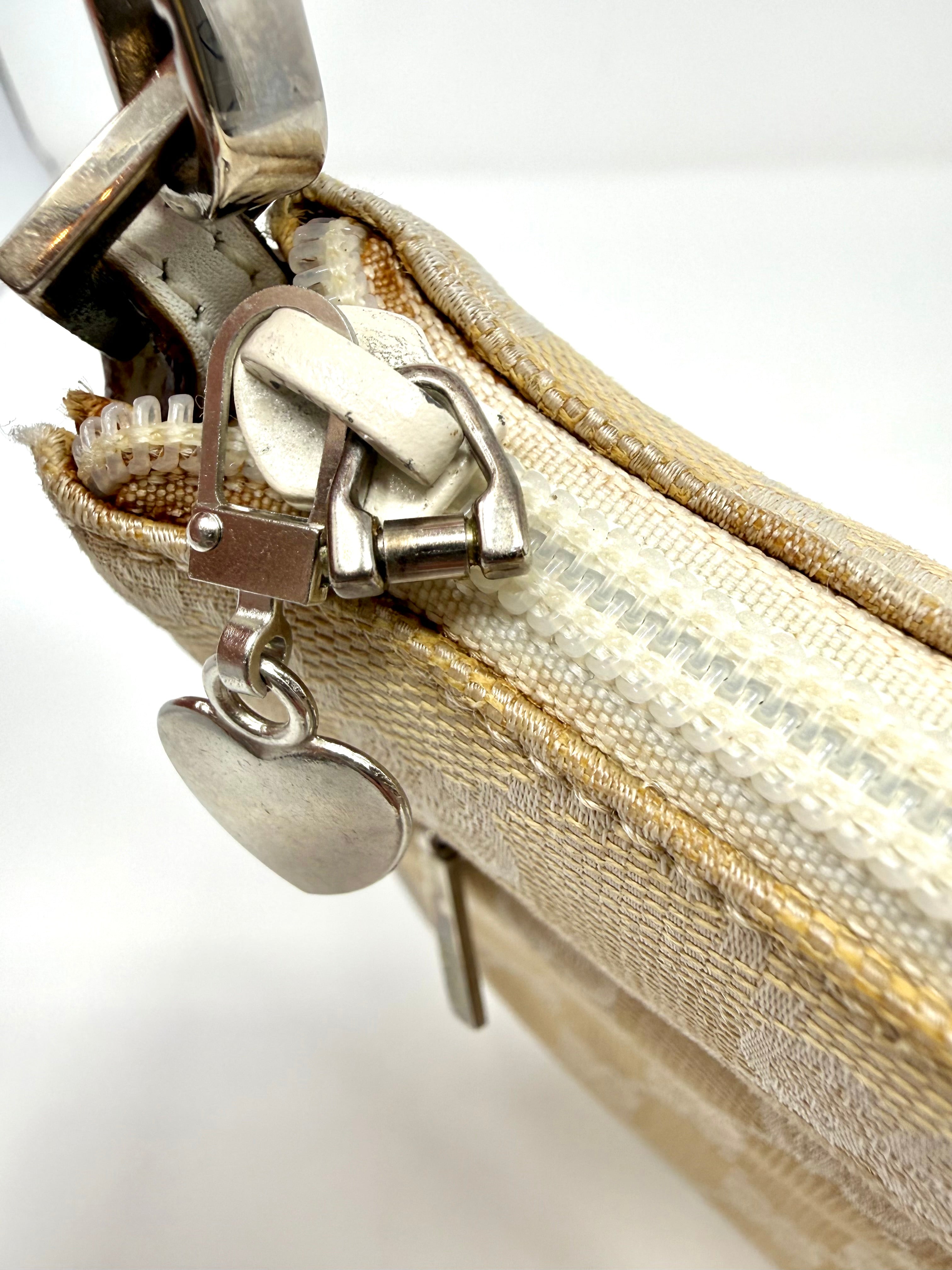 Gucci GG Canvas Bamboo Handle Pochette in Beige & White