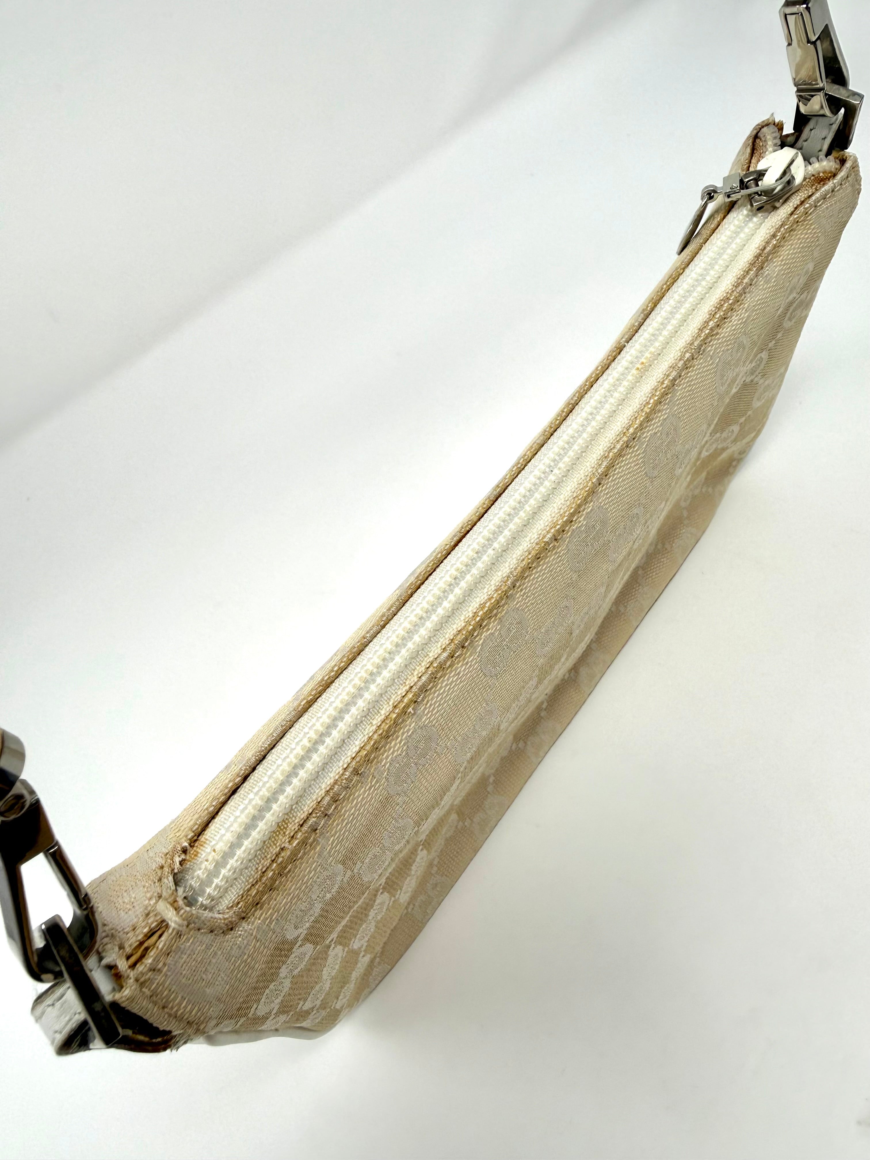Gucci GG Canvas Bamboo Handle Pochette in Beige & White