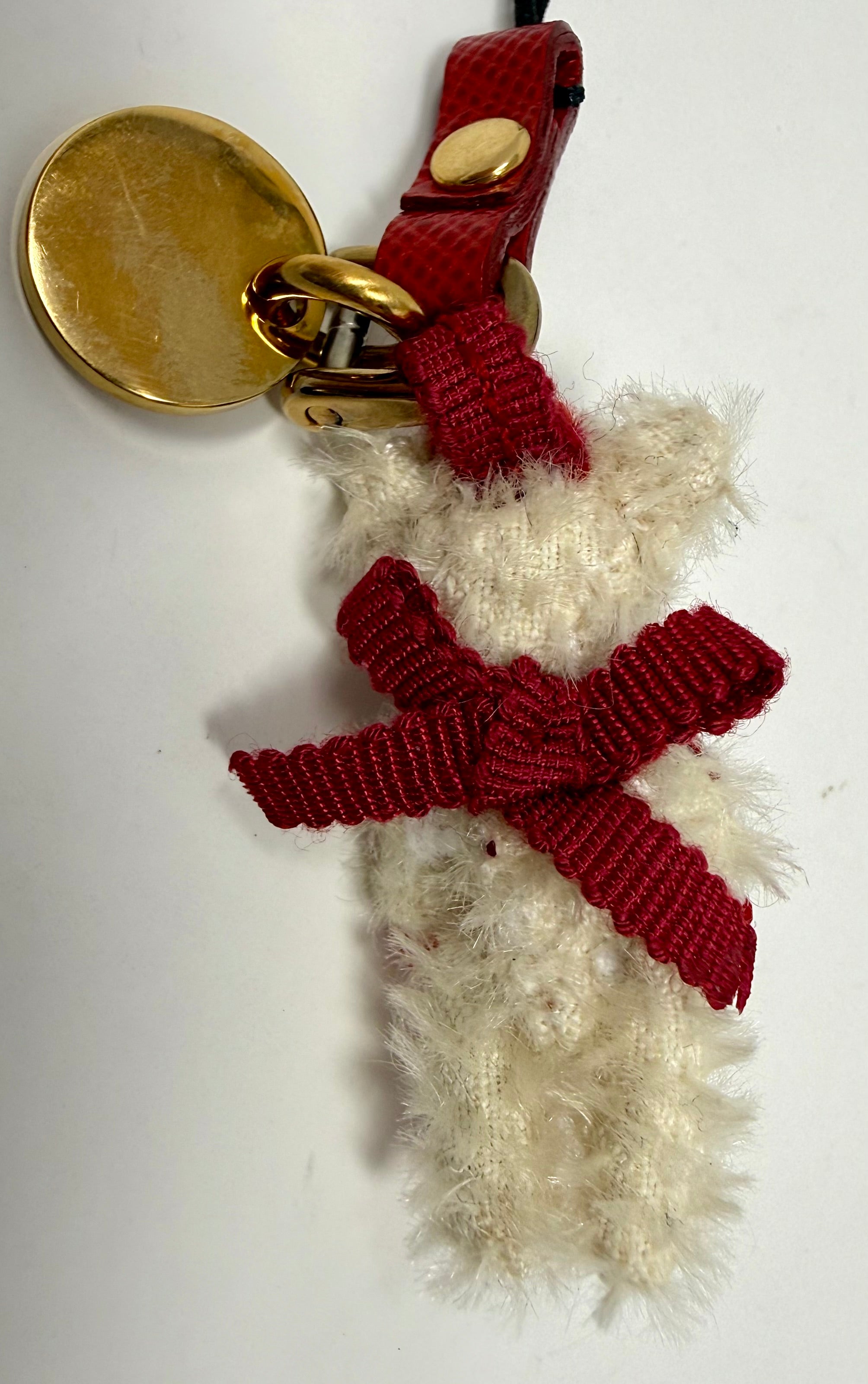 Prada Trick Mohair Teddy Bear Bag Charm – Cream & Red, Full Set