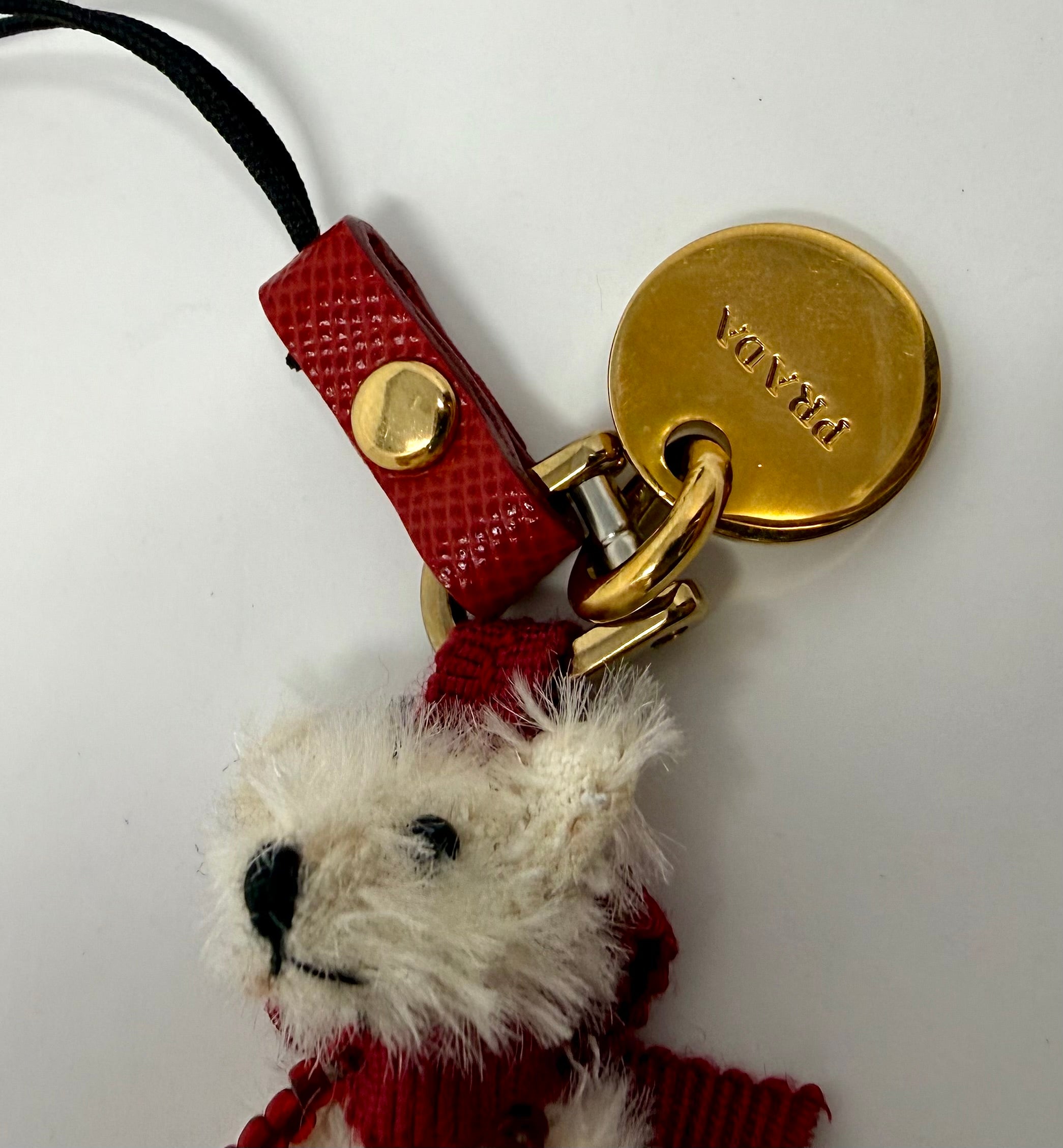 Prada Trick Mohair Teddy Bear Bag Charm – Cream & Red, Full Set