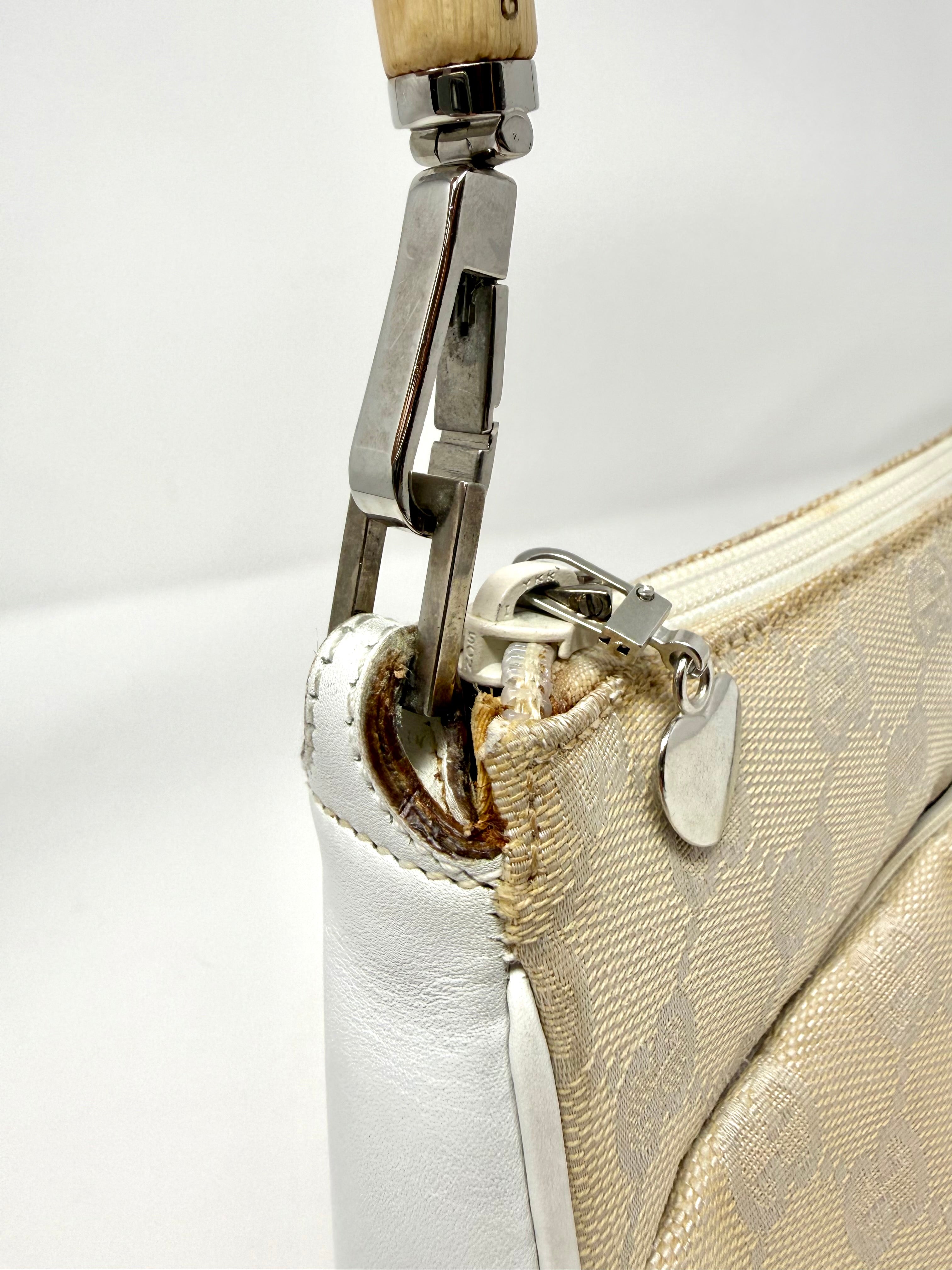 Gucci GG Canvas Bamboo Handle Pochette in Beige & White