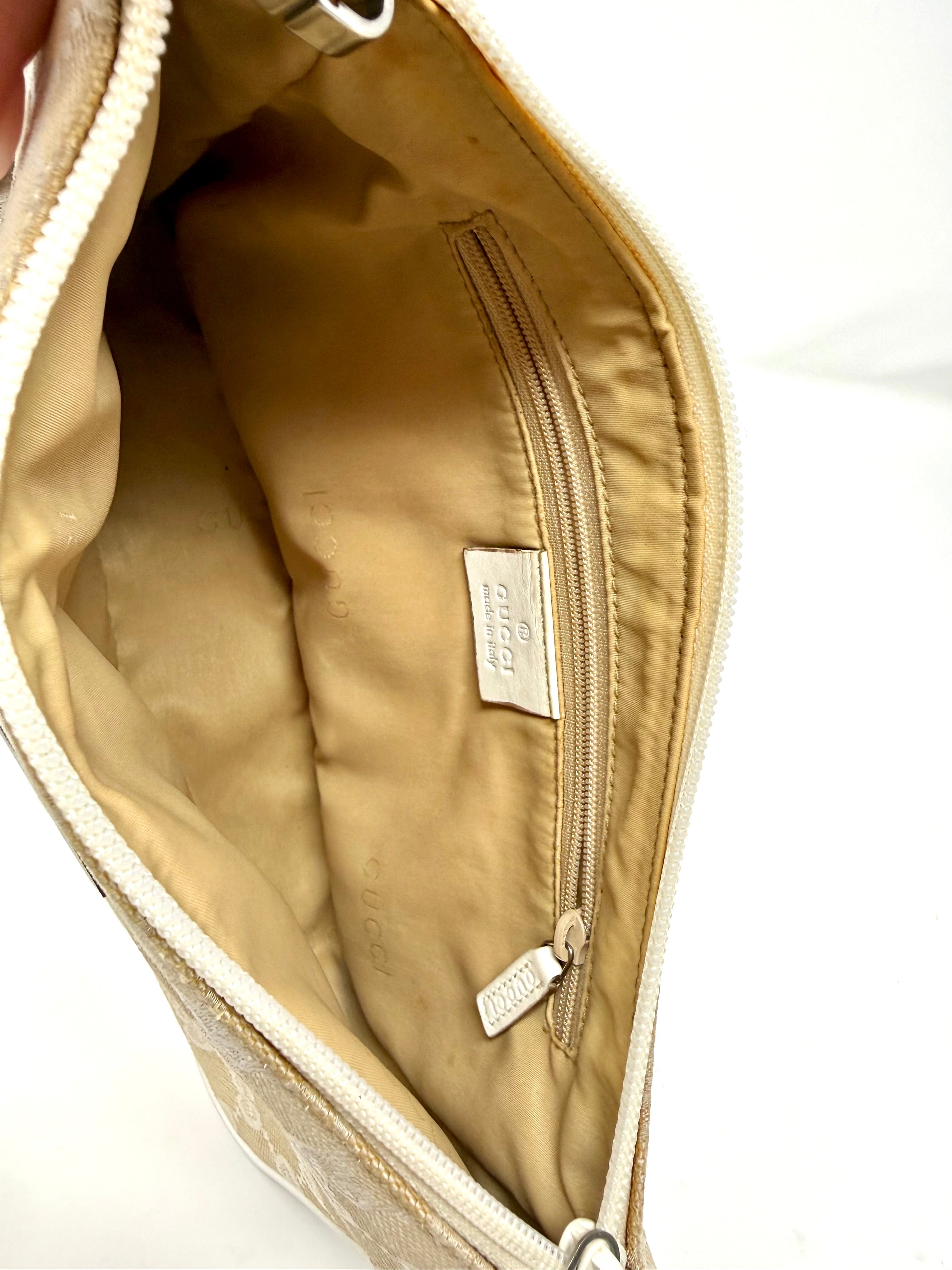 Gucci GG Canvas Bamboo Handle Pochette in Beige & White