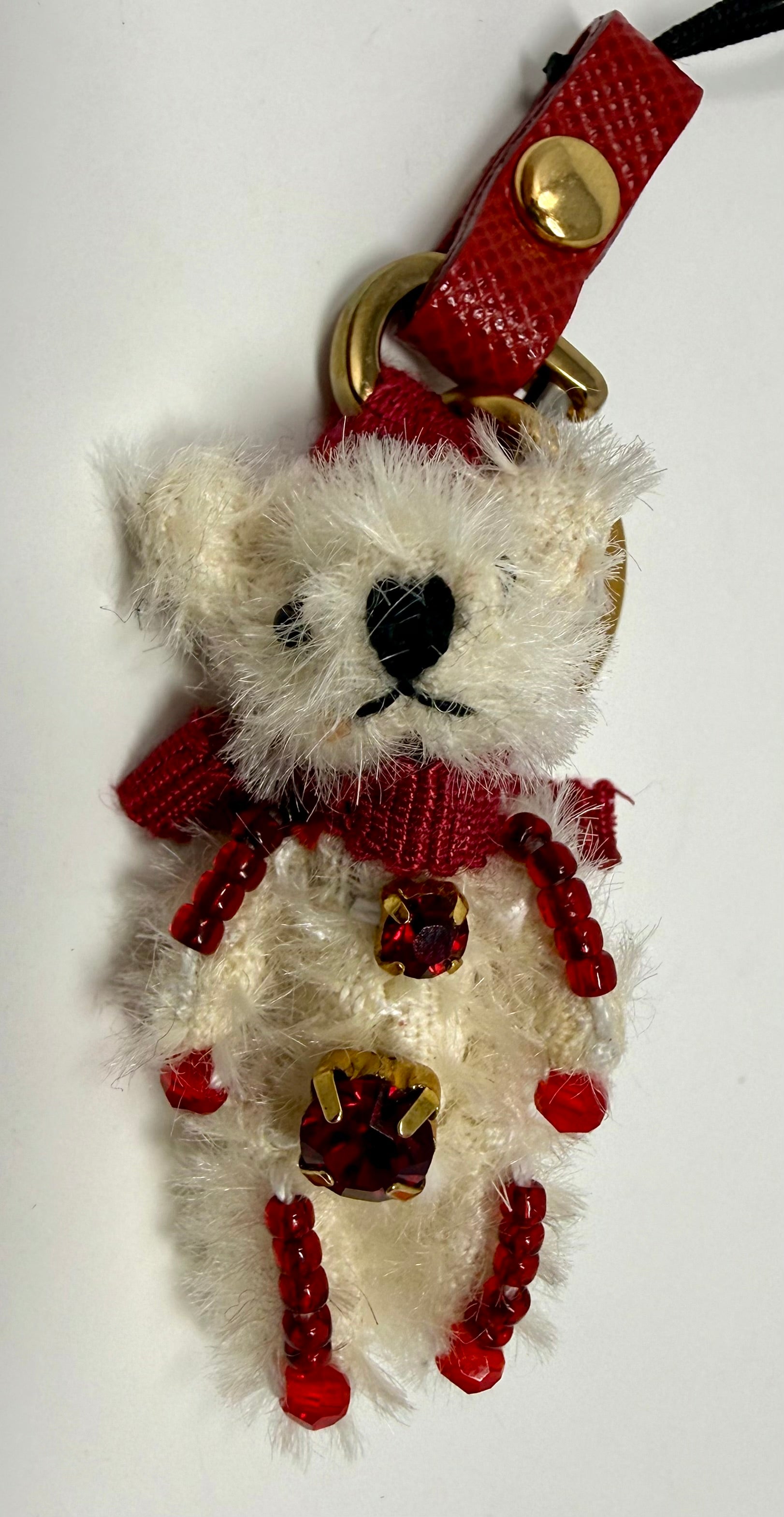 Prada Trick Mohair Teddy Bear Bag Charm – Cream & Red, Full Set