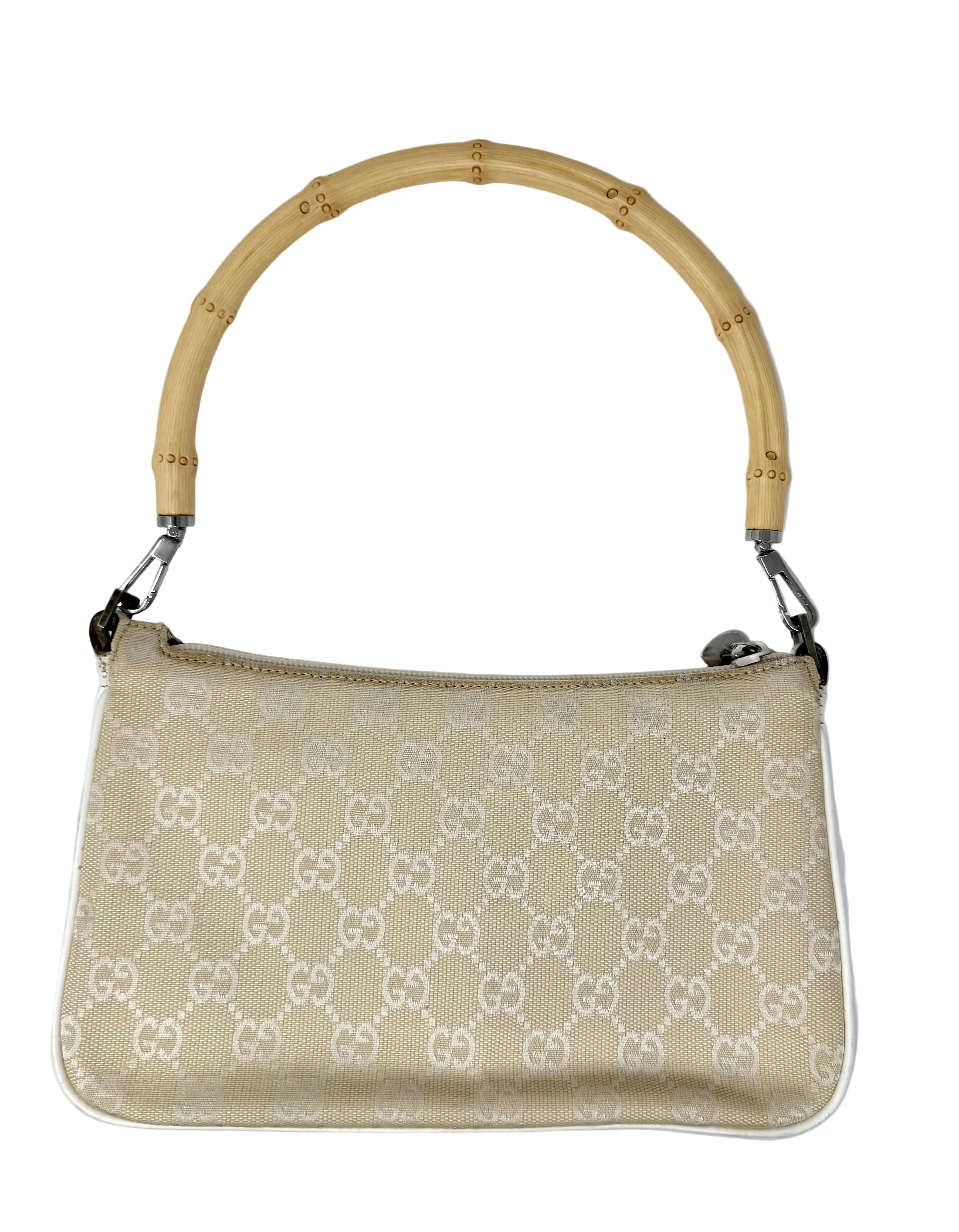 Gucci GG Canvas Bamboo Handle Pochette in Beige & White