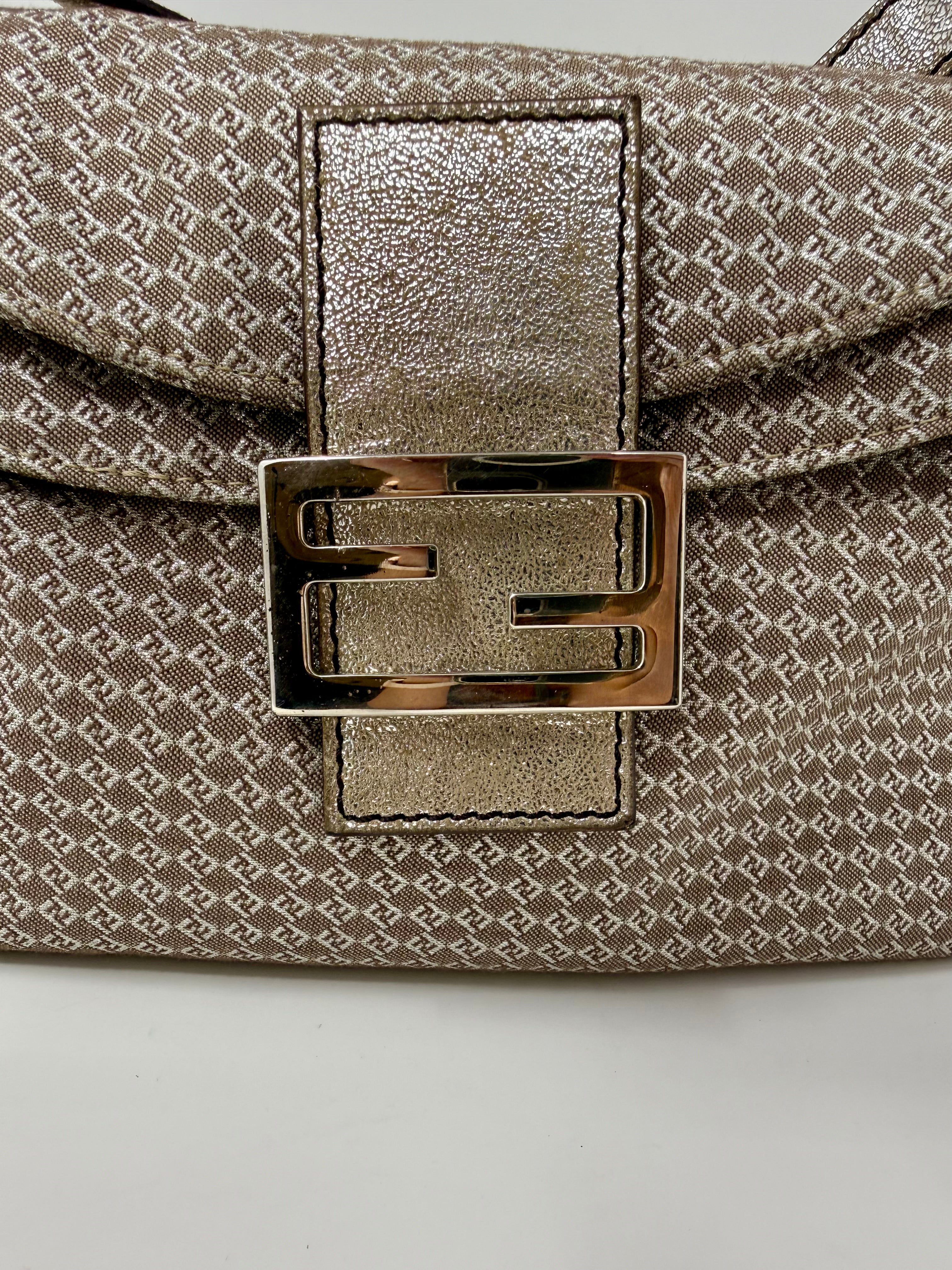 Fendi Vintage Champagne Metallic Zucchino Forever Baguette Shoulder Bag