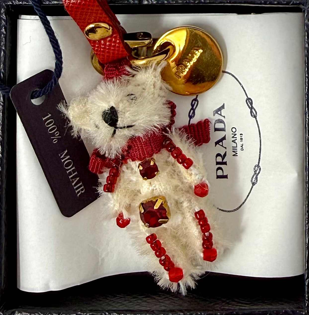 Prada Trick Mohair Teddy Bear Bag Charm – Cream & Red, Full Set