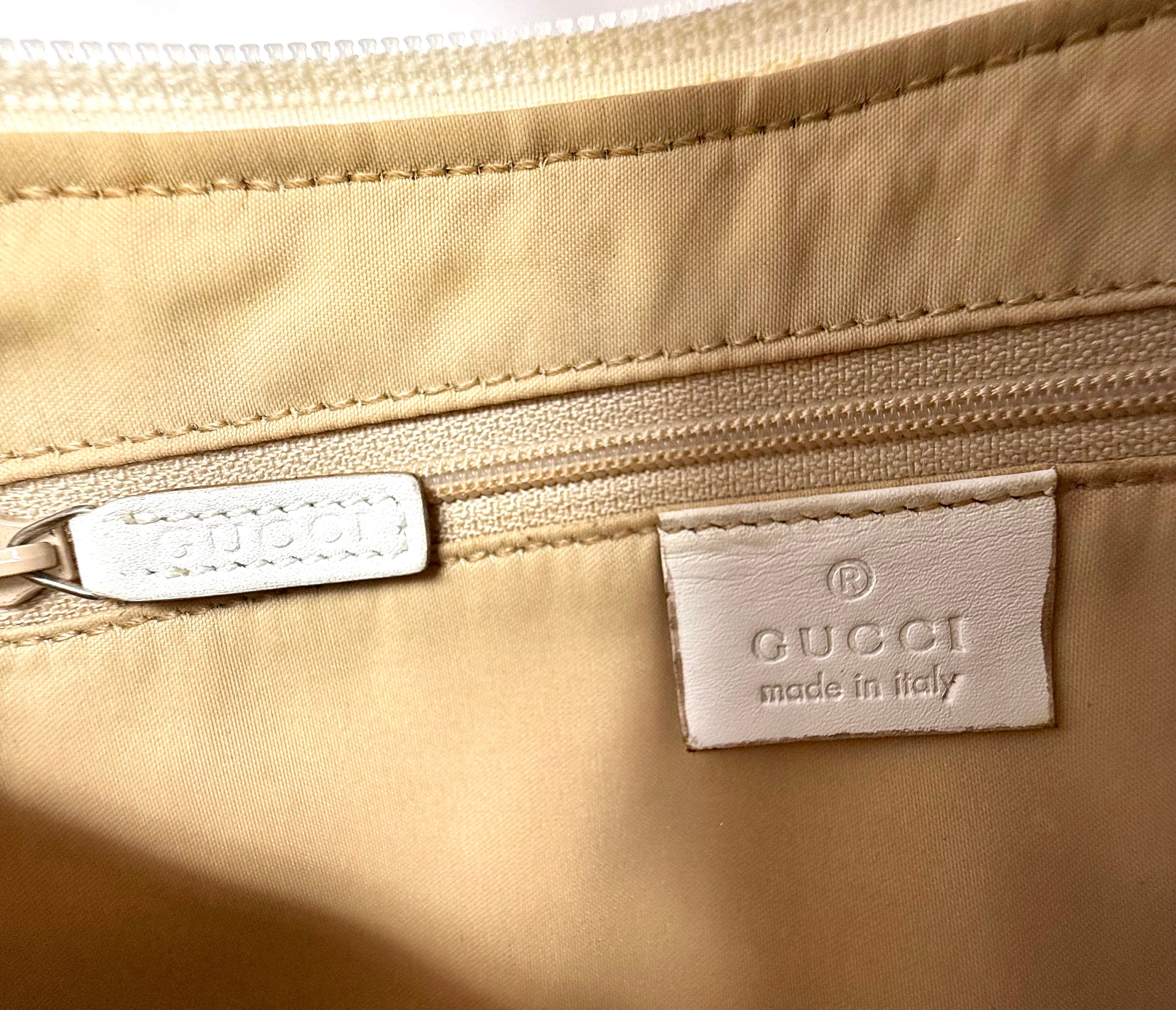 Gucci GG Canvas Bamboo Handle Pochette in Beige & White