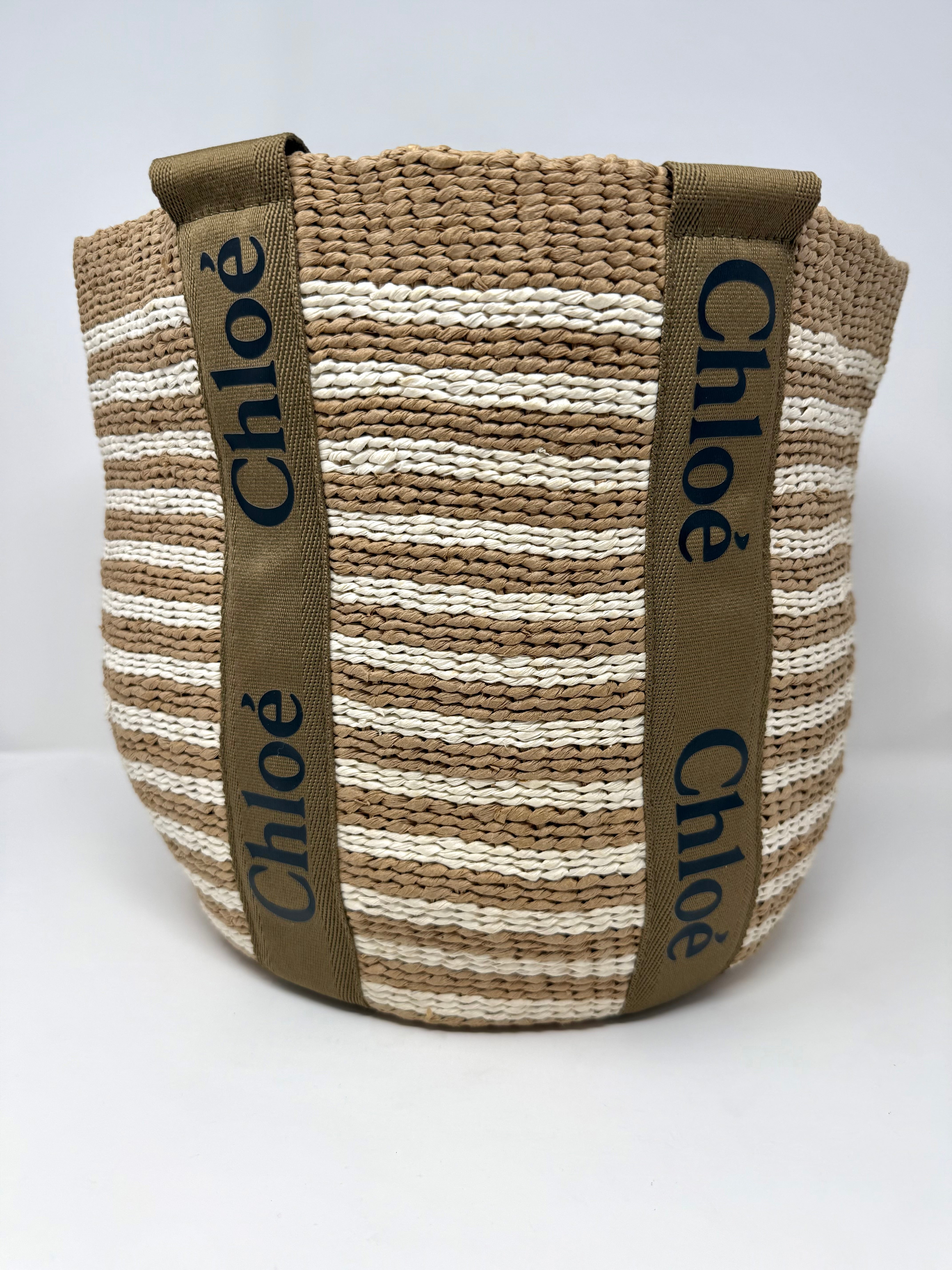 Chloé x Mifuko Woody Large Striped Basket Tote in Natural & White