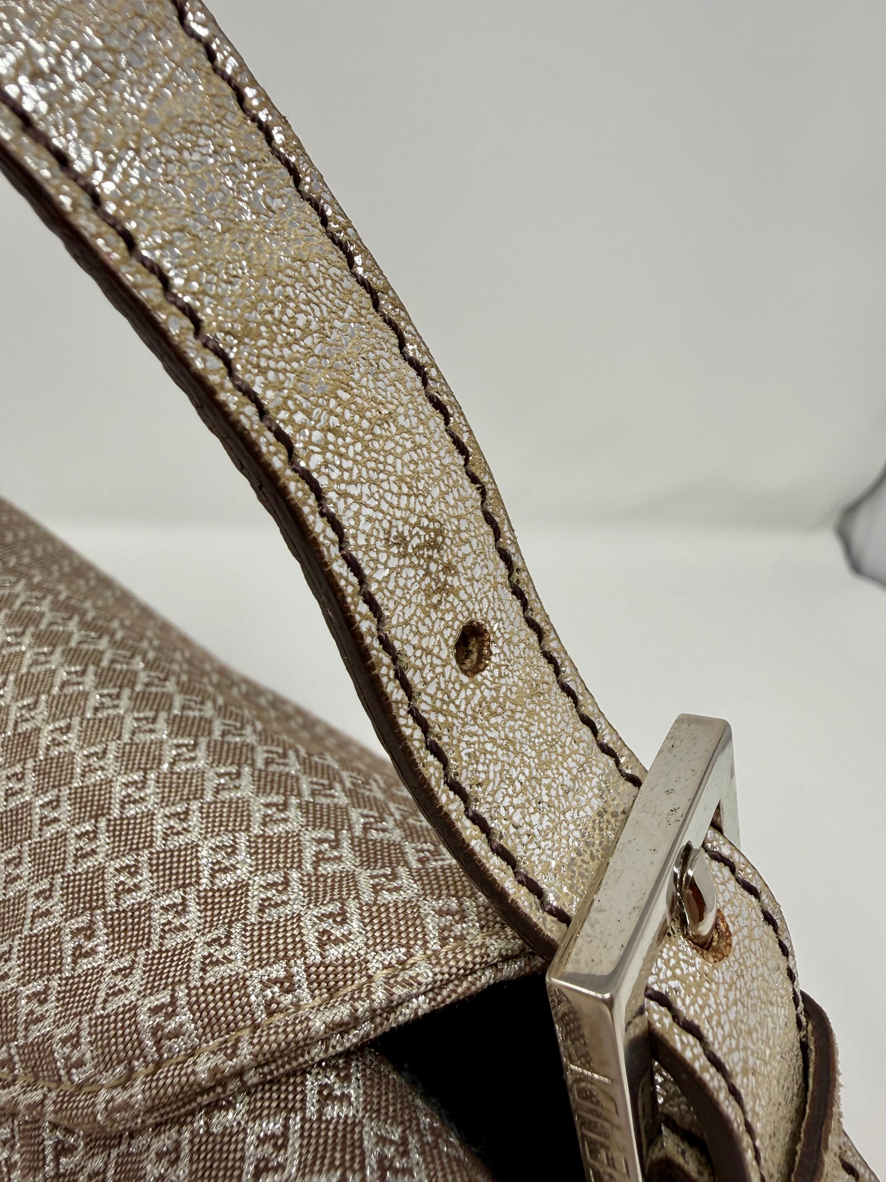 Fendi Vintage Champagne Metallic Zucchino Forever Baguette Shoulder Bag