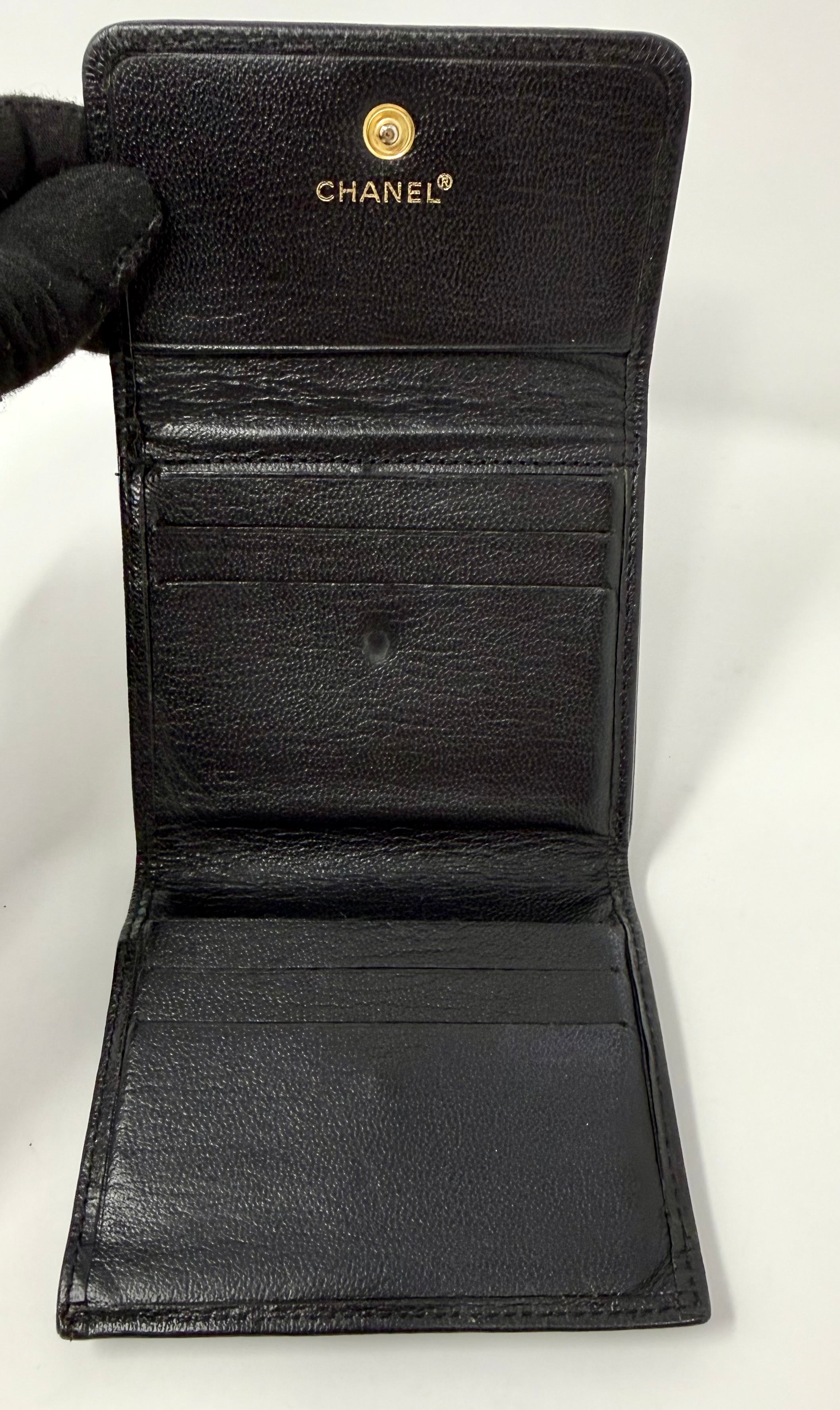 Vintage Chanel Black Caviar Compact Bifold Wallet – Gold CC