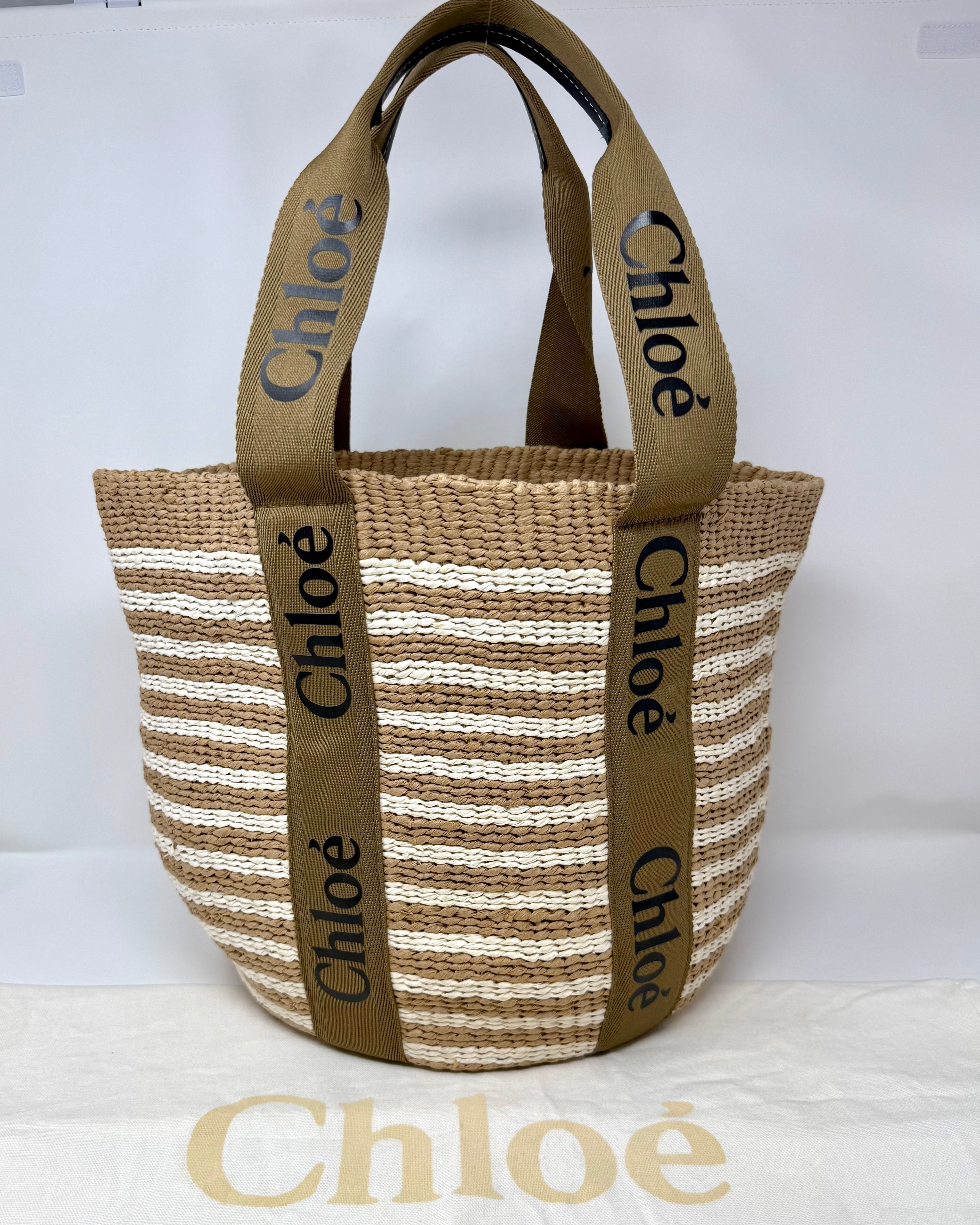 Chloé x Mifuko Woody Large Striped Basket Tote in Natural & White