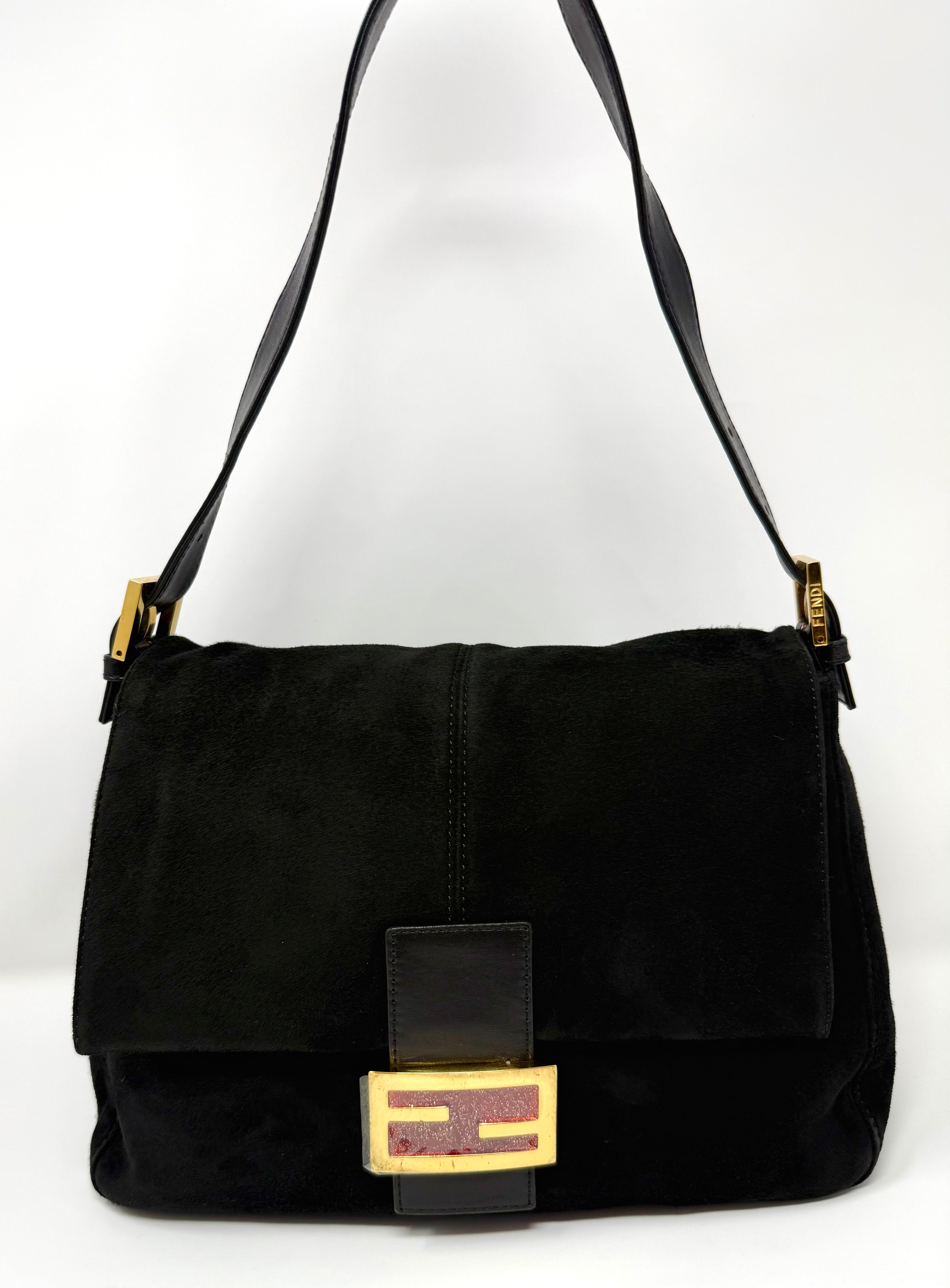 Fendi Mama Baguette Black Suede Shoulder Bag, Y2K Vintage