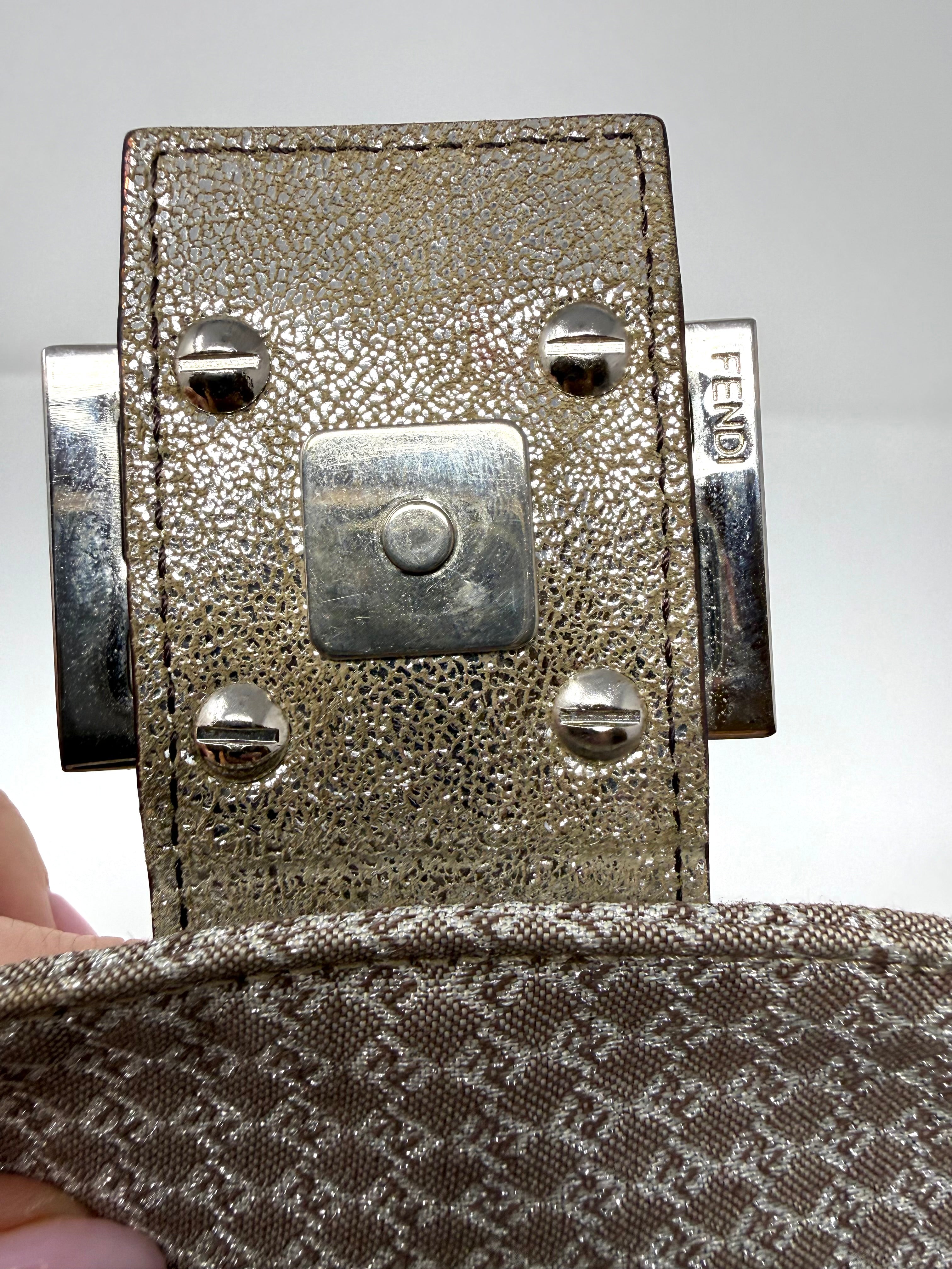 Fendi Vintage Champagne Metallic Zucchino Forever Baguette Shoulder Bag