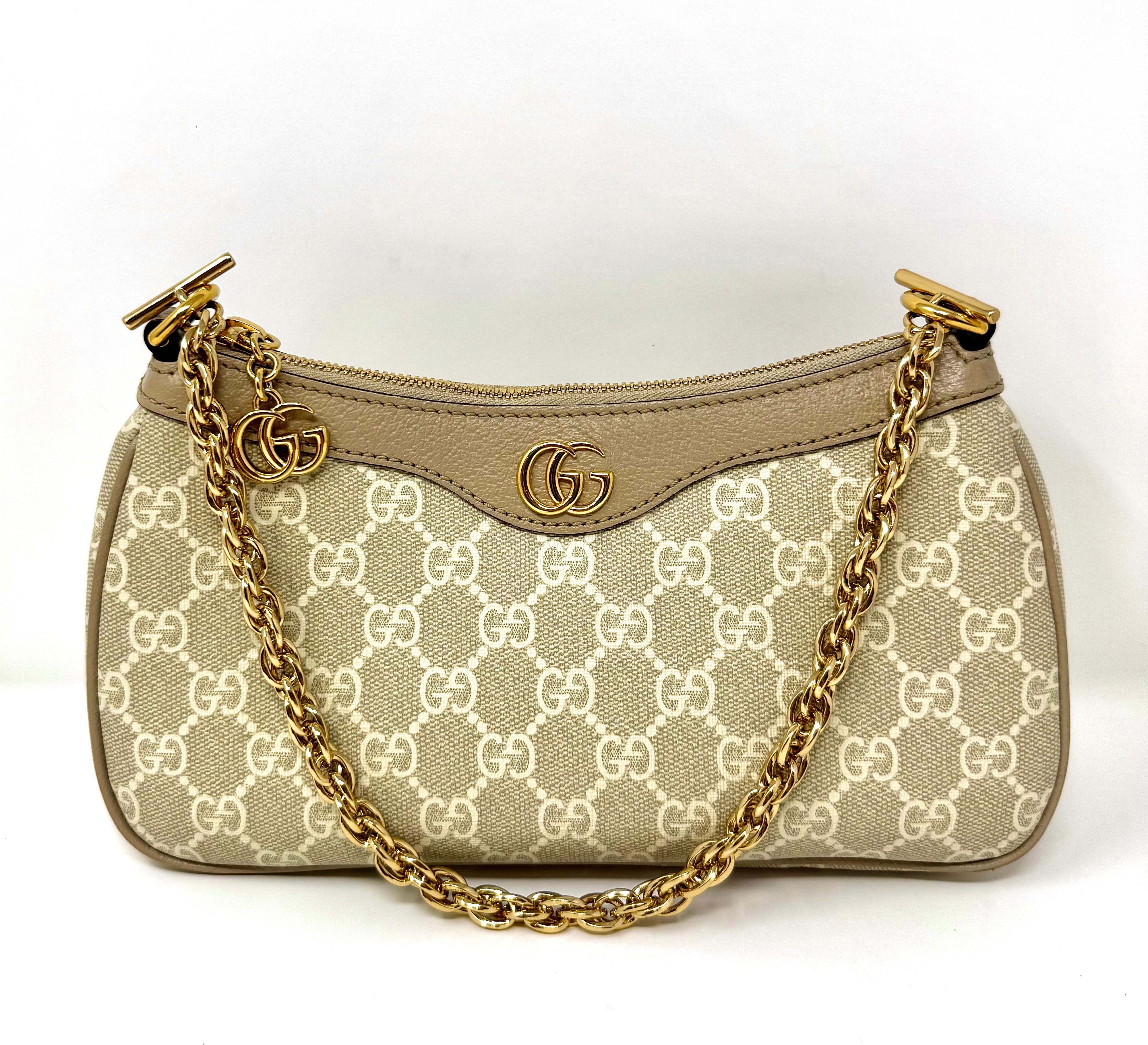 Gucci Ophidia Small Shoulder Bag – GG Supreme Monogram, Beige, Gold Hardware, Like New