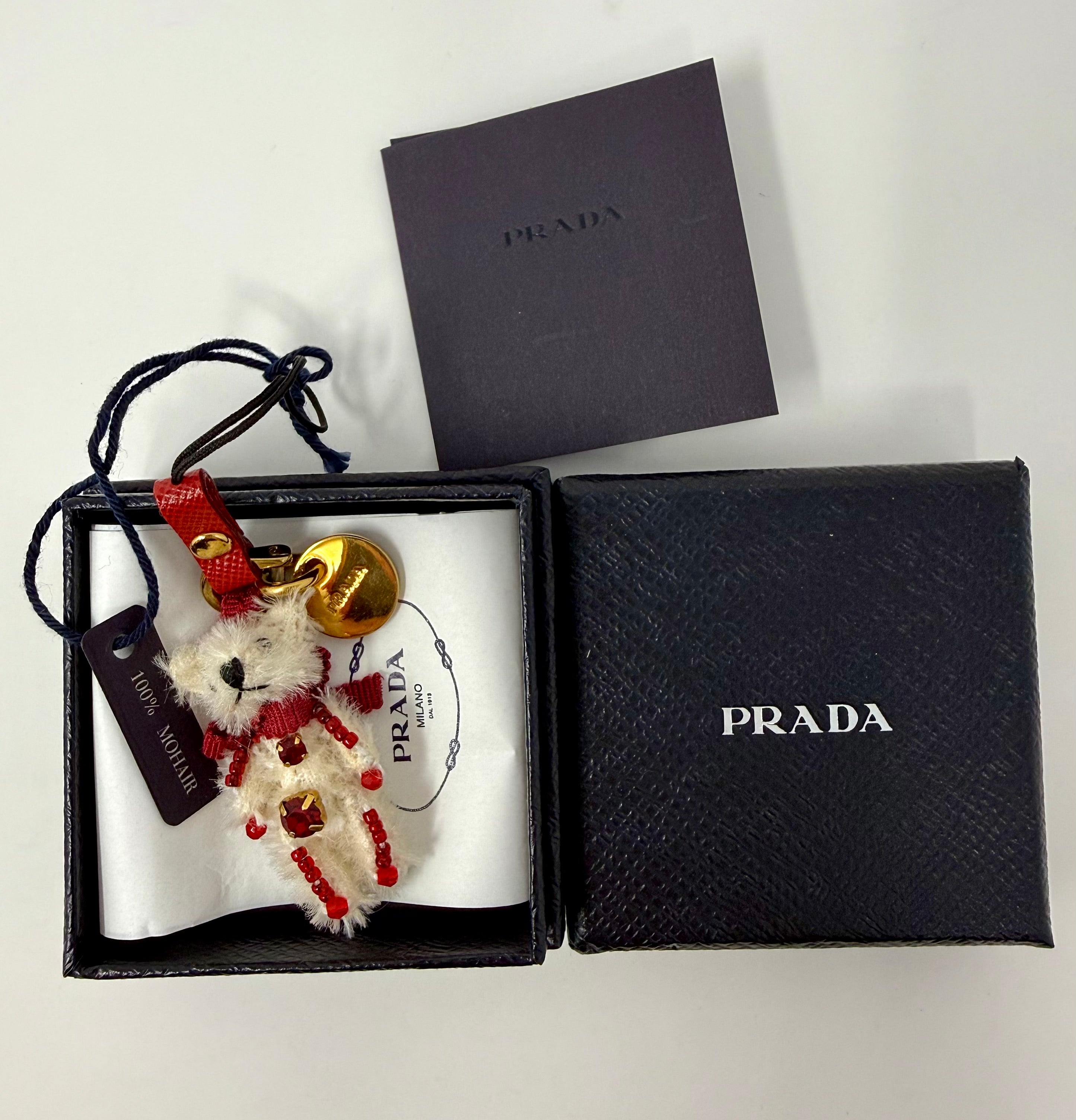 Prada Trick Mohair Teddy Bear Bag Charm – Cream & Red, Full Set