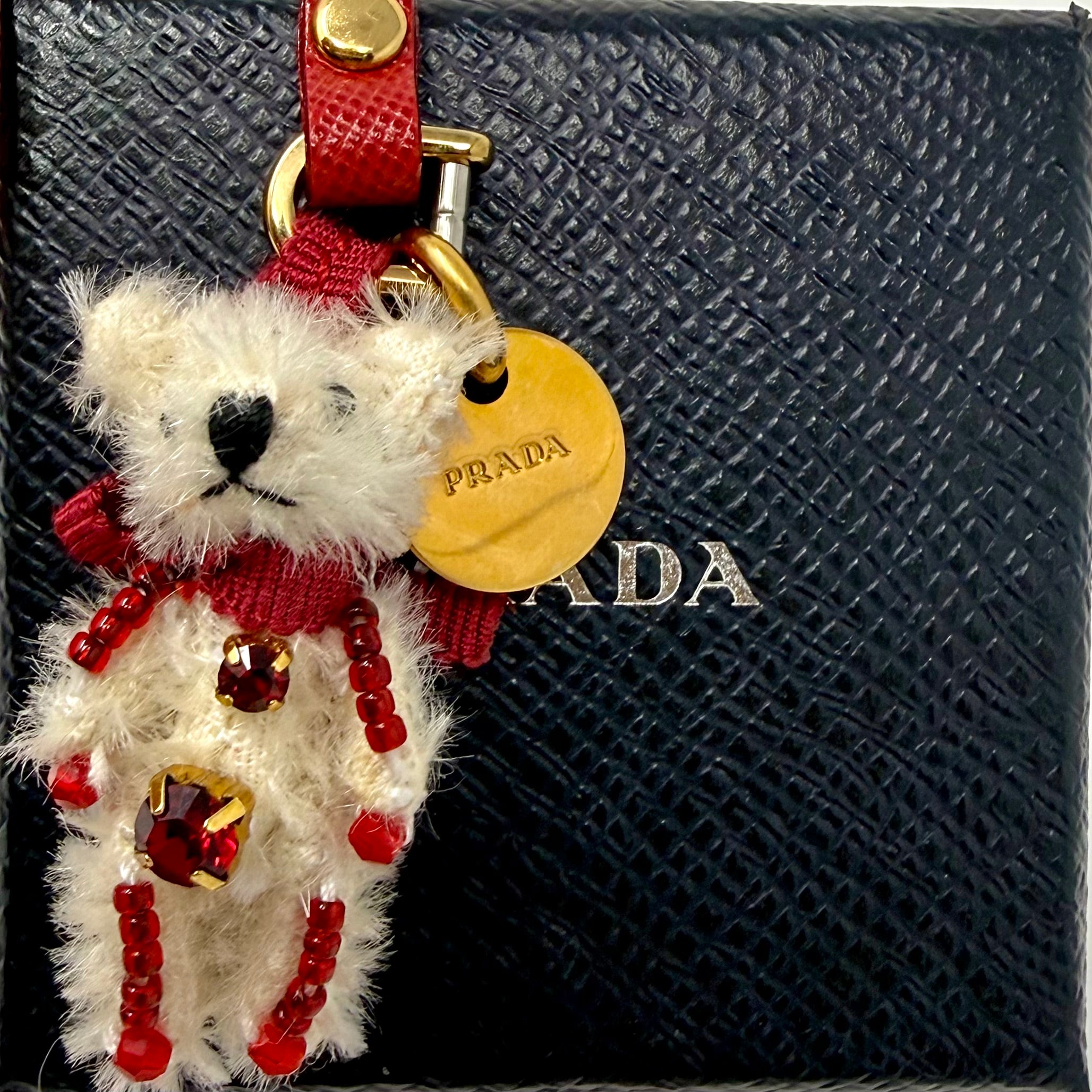 Prada Trick Mohair Teddy Bear Bag Charm – Cream & Red, Full Set
