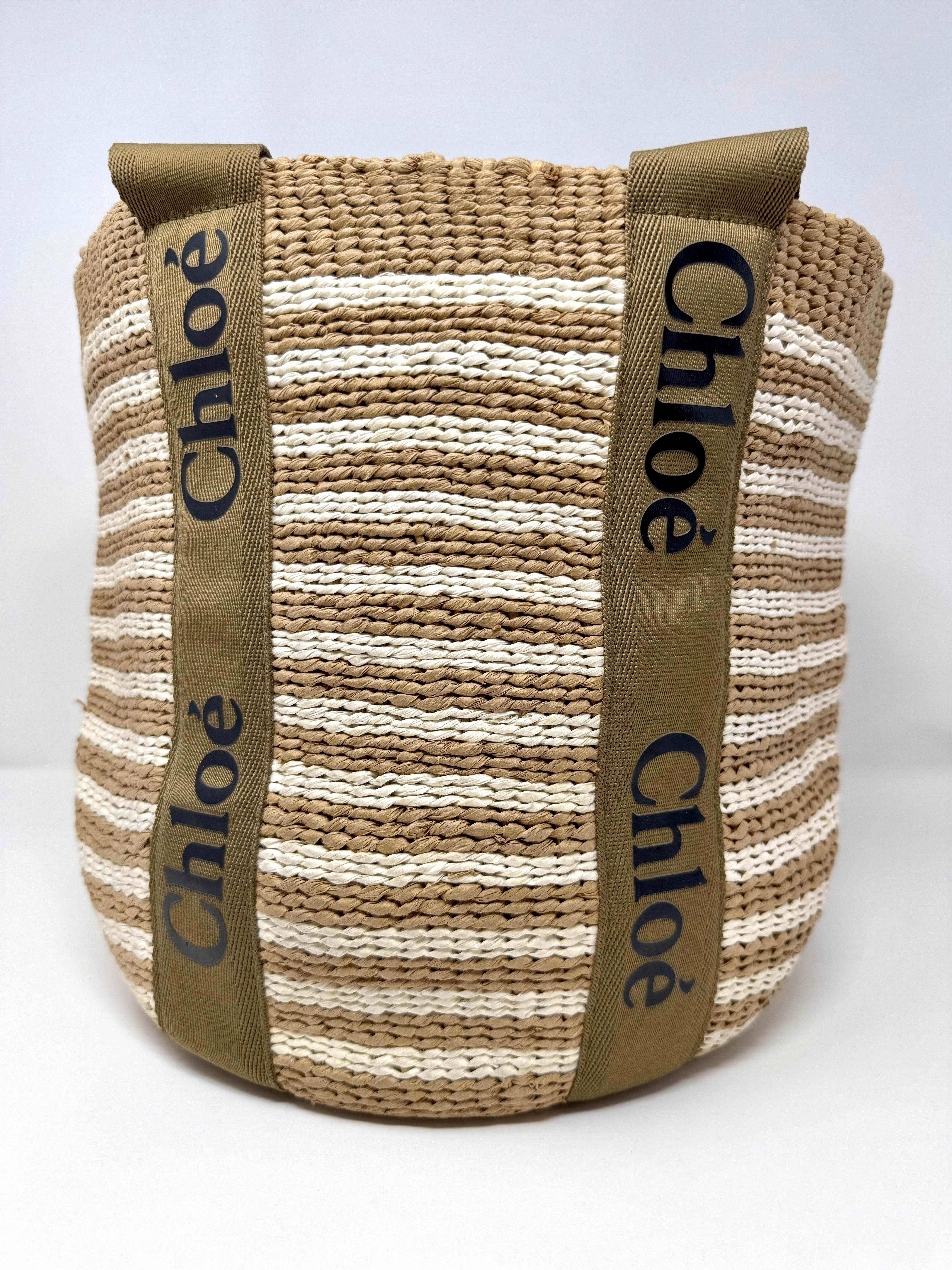 Chloé x Mifuko Woody Large Striped Basket Tote in Natural & White