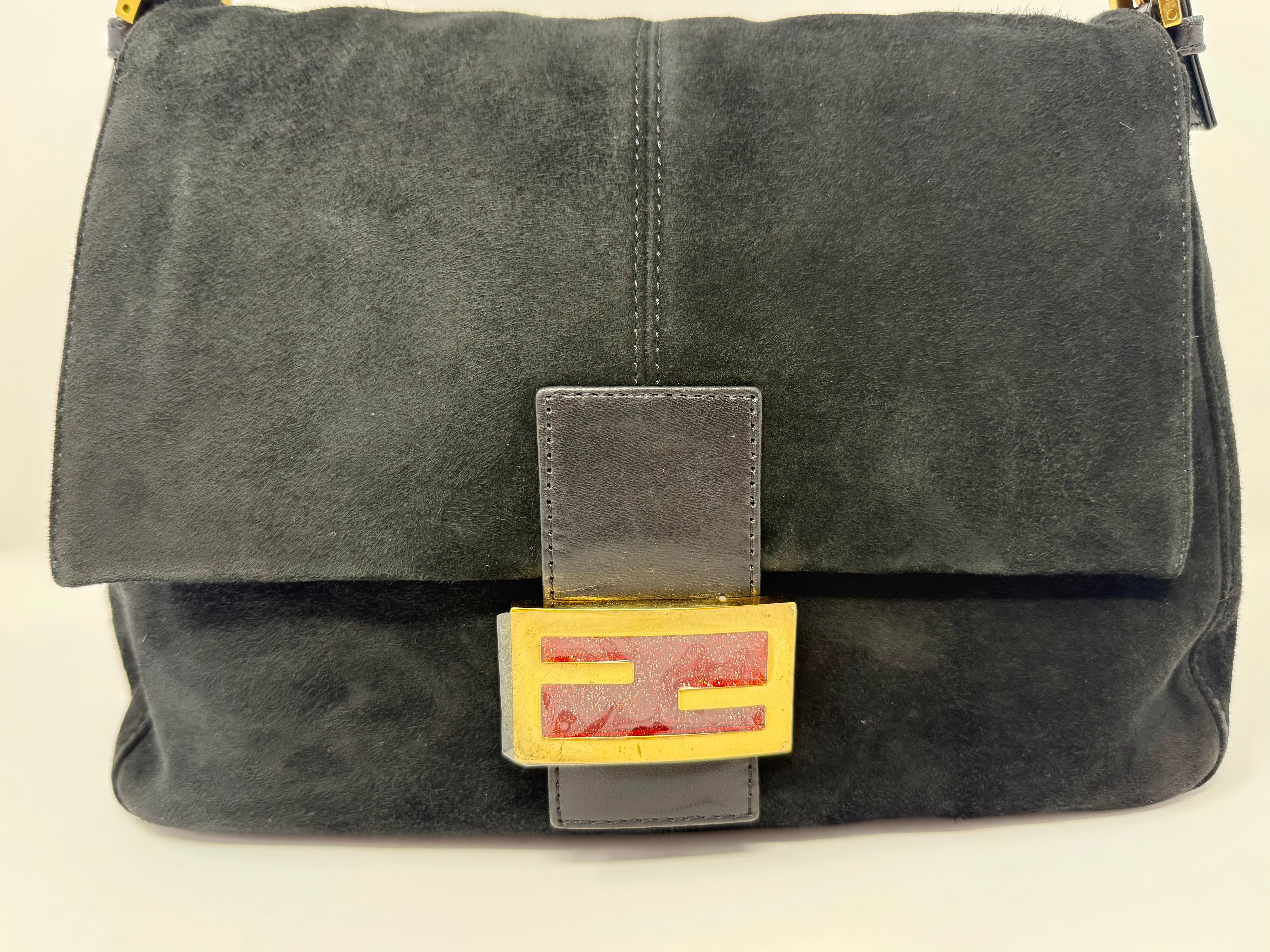 Fendi Mama Baguette Black Suede Shoulder Bag, Y2K Vintage