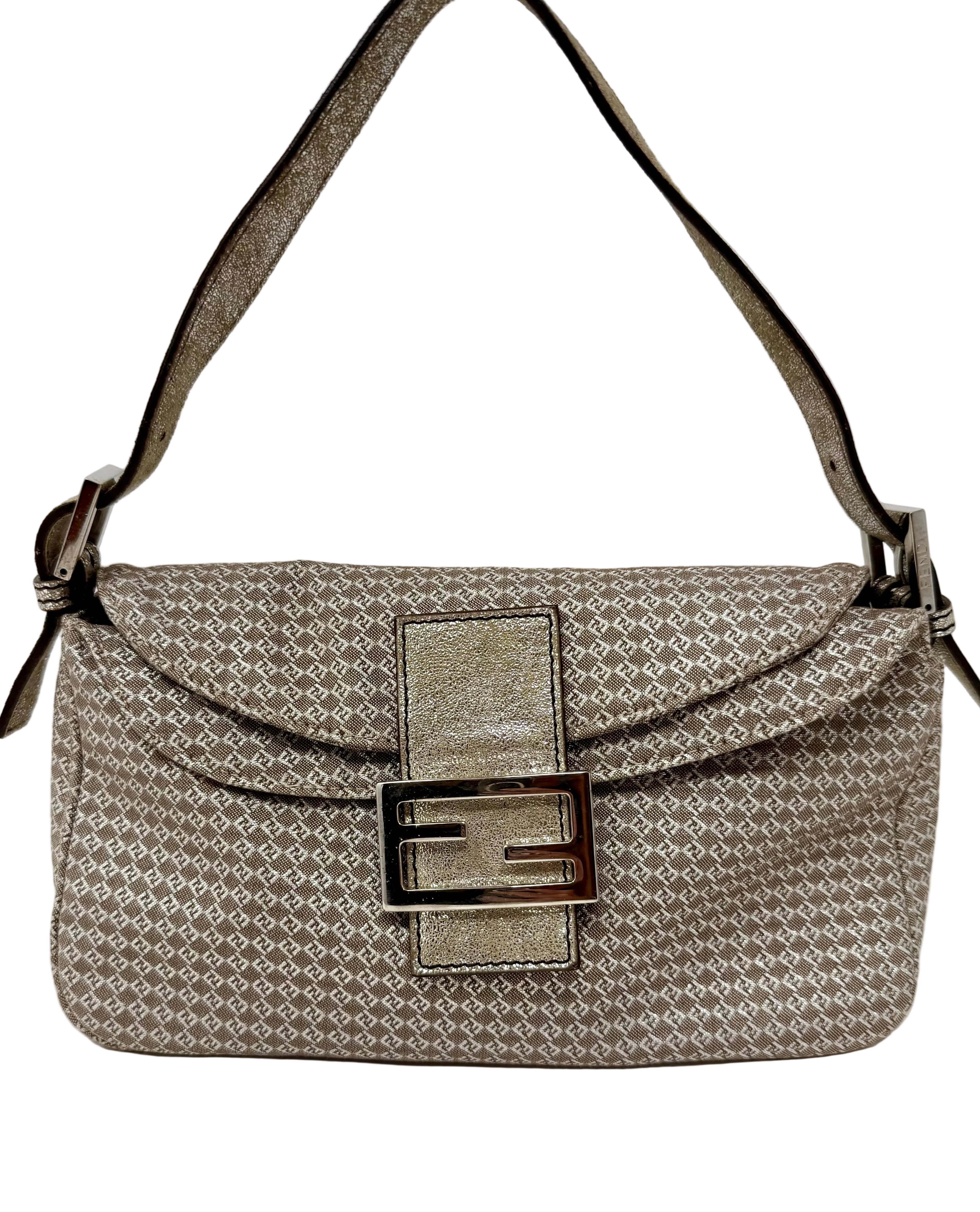 Fendi Vintage Champagne Metallic Zucchino Forever Baguette Shoulder Bag