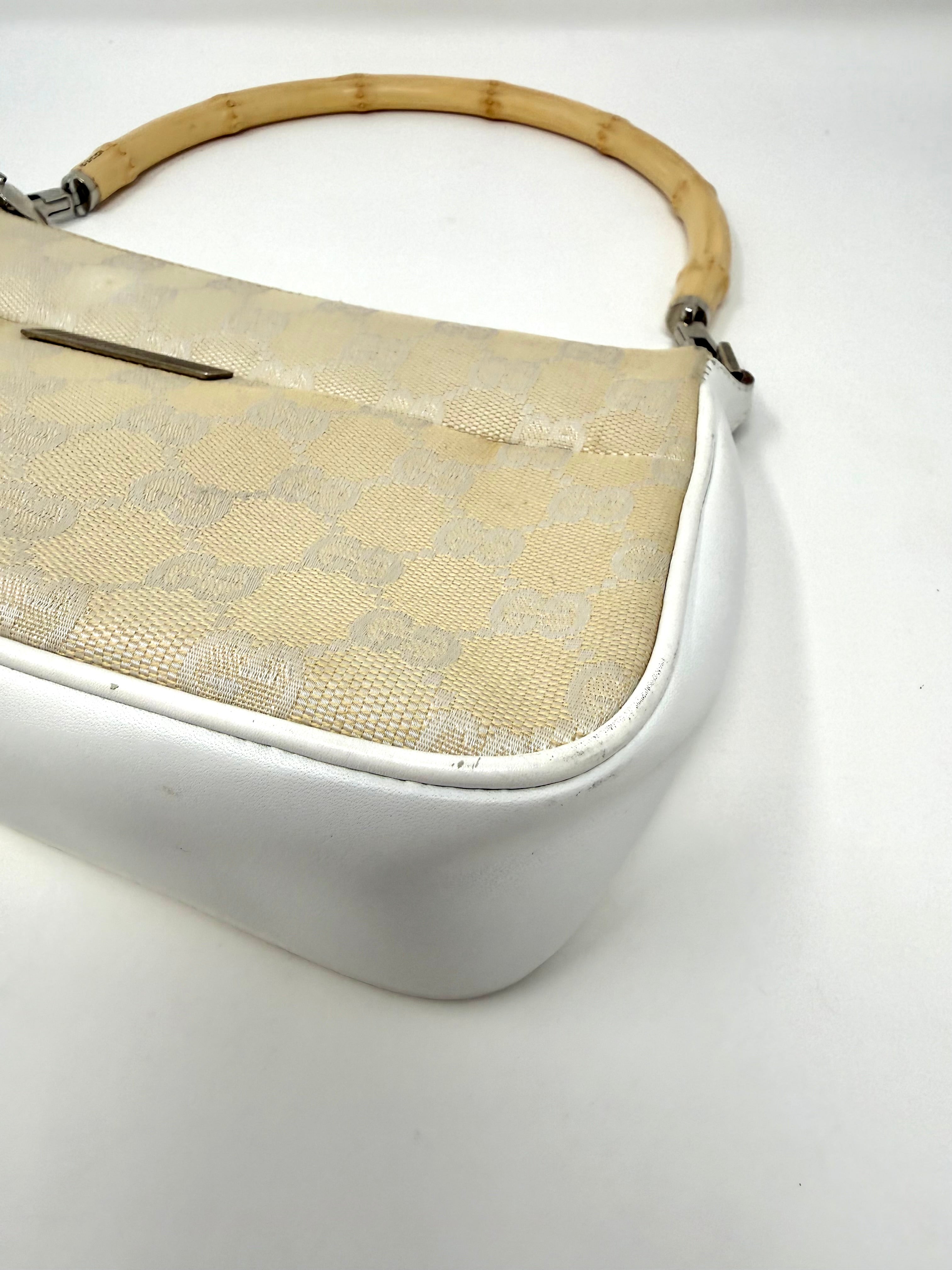 Gucci GG Canvas Bamboo Handle Pochette in Beige & White