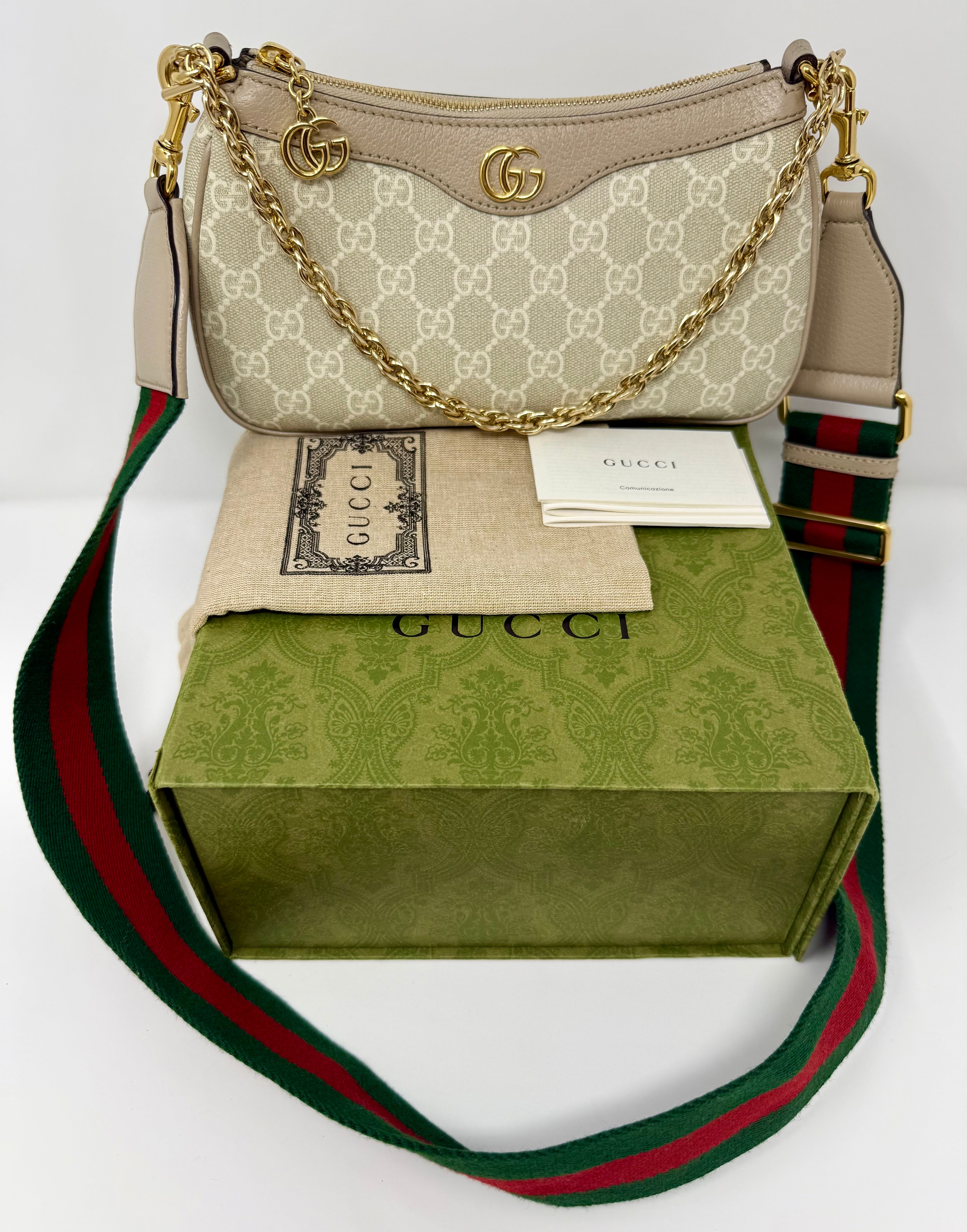 Gucci Ophidia Small Shoulder Bag – GG Supreme Monogram, Beige, Gold Hardware, Like New
