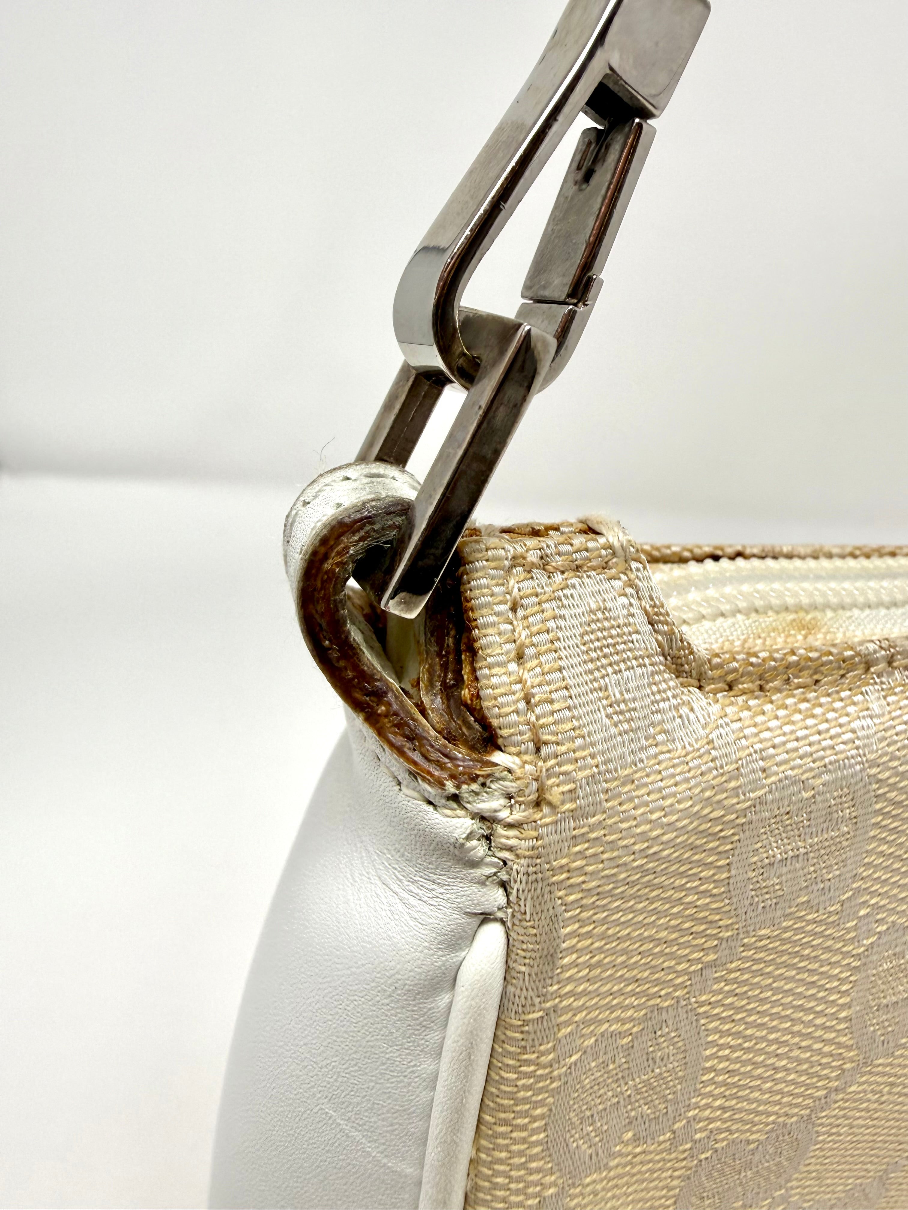 Gucci GG Canvas Bamboo Handle Pochette in Beige & White
