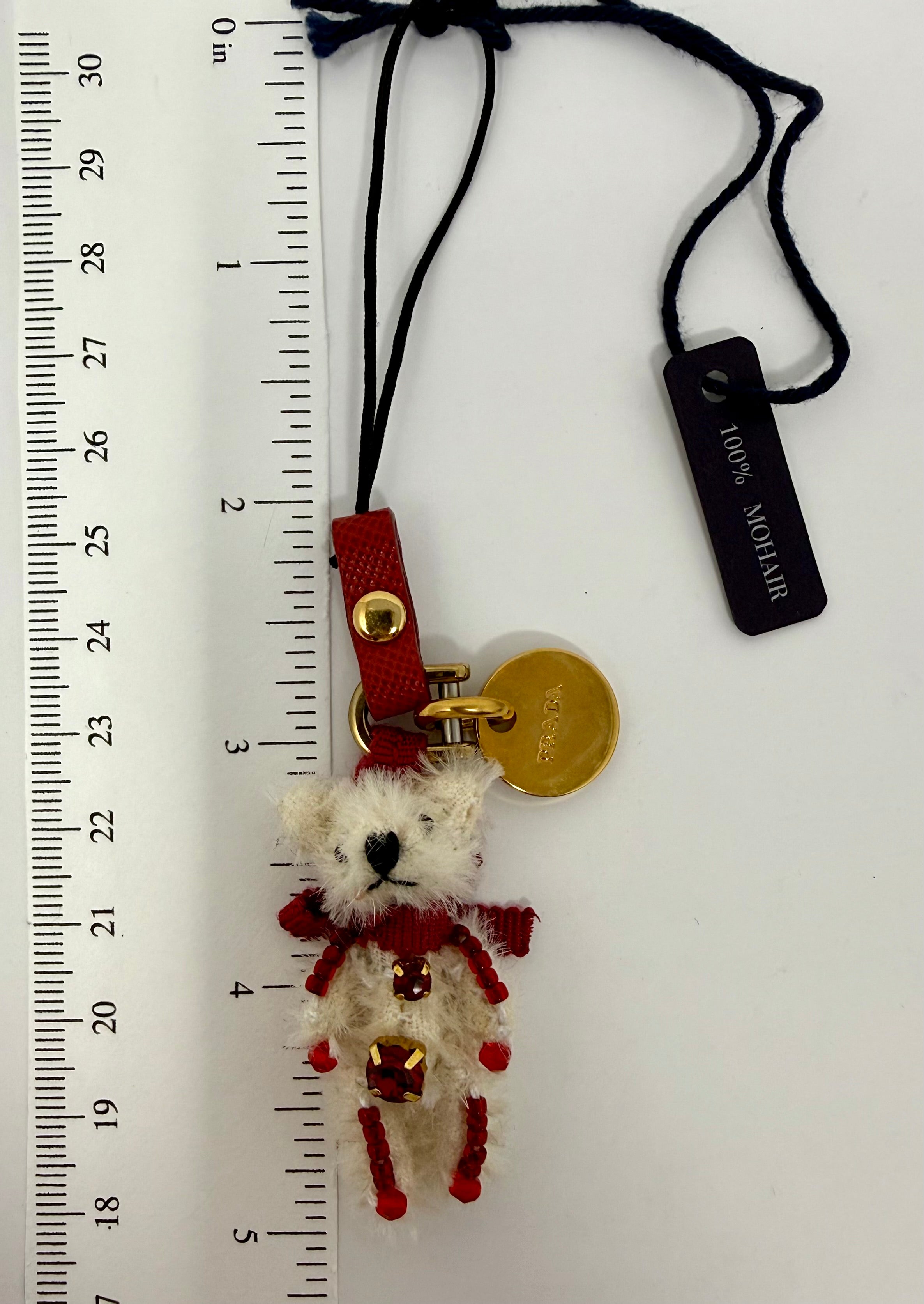 Prada Trick Mohair Teddy Bear Bag Charm – Cream & Red, Full Set
