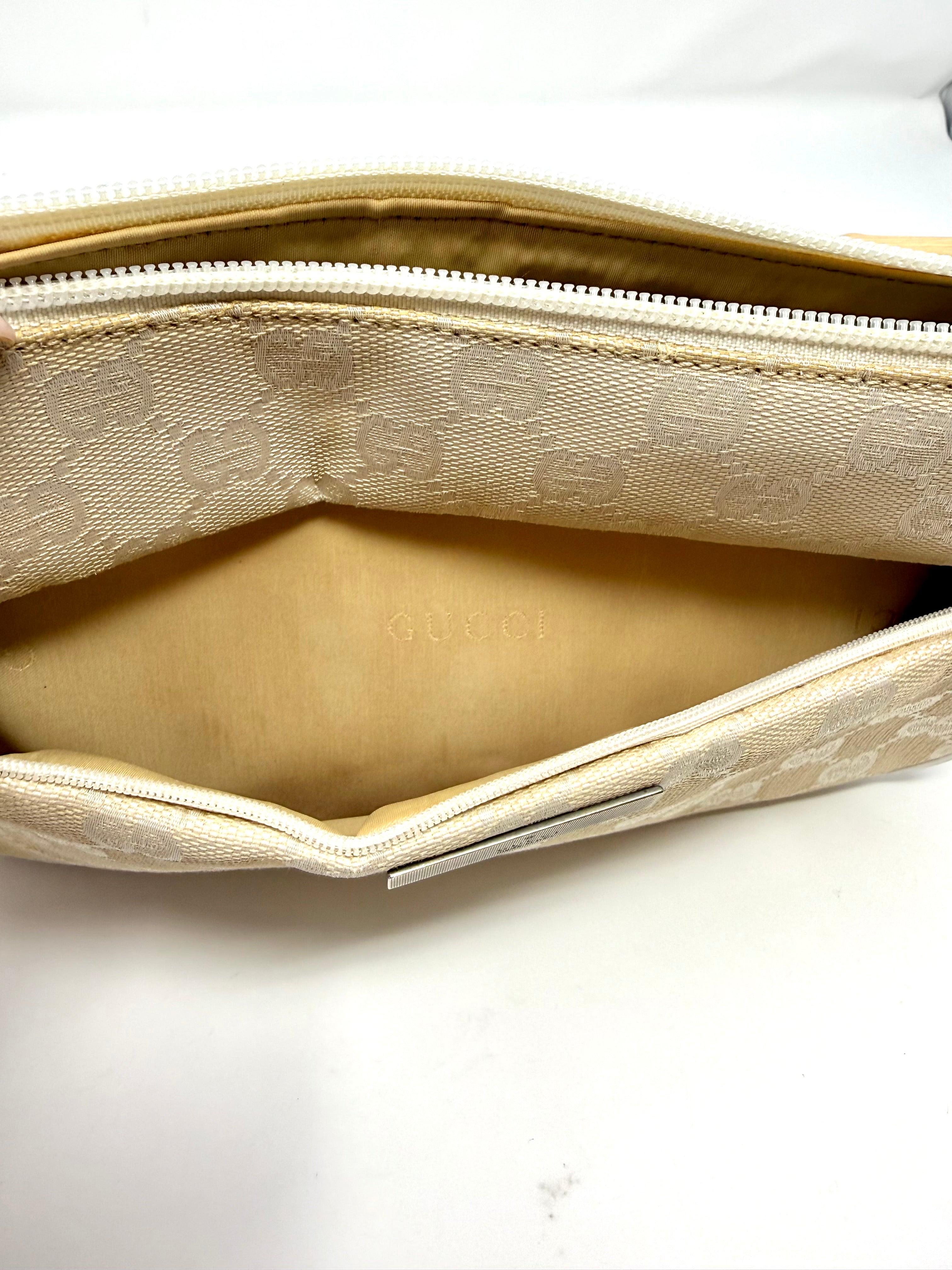 Gucci GG Canvas Bamboo Handle Pochette in Beige & White