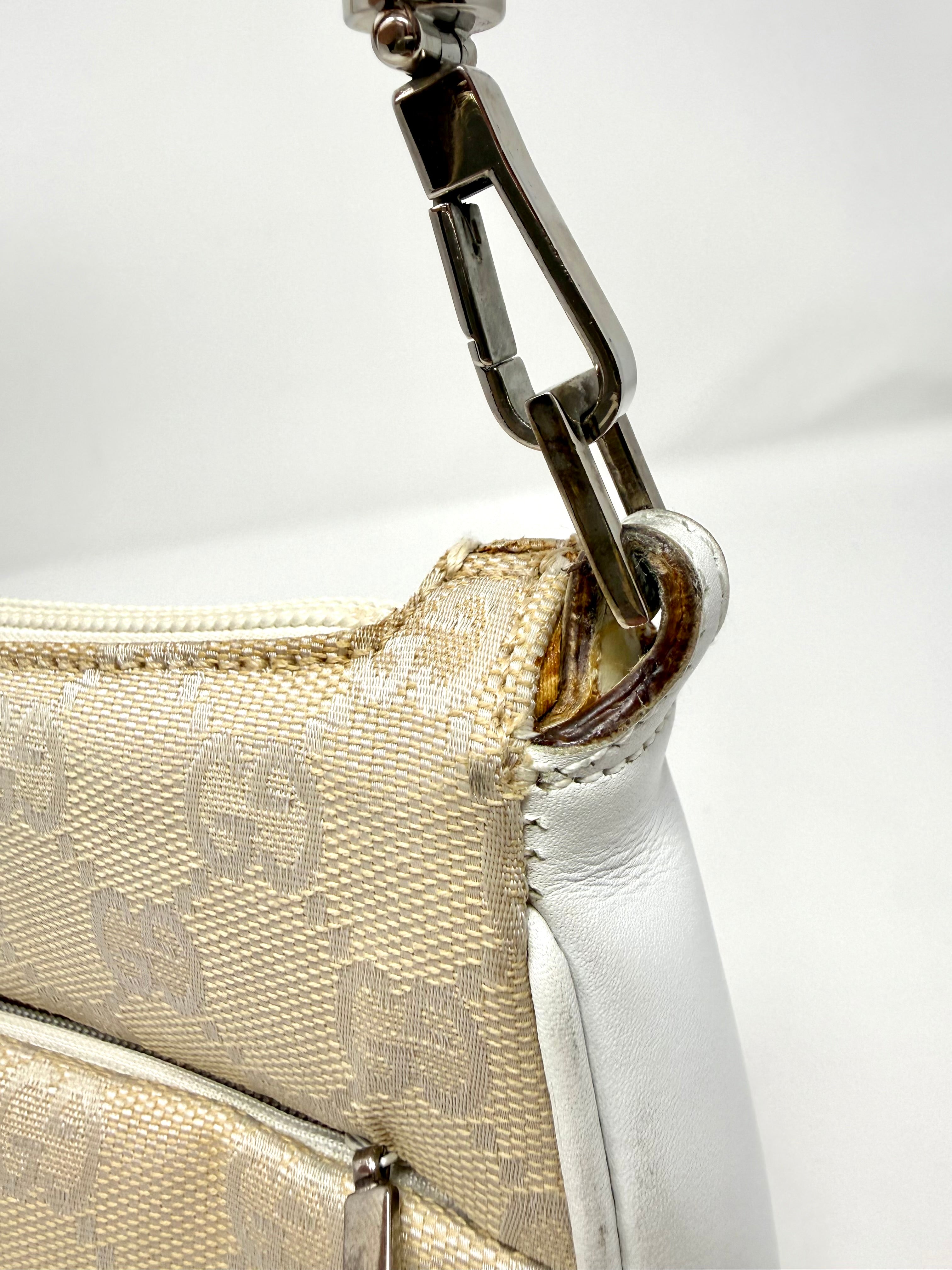 Gucci GG Canvas Bamboo Handle Pochette in Beige & White