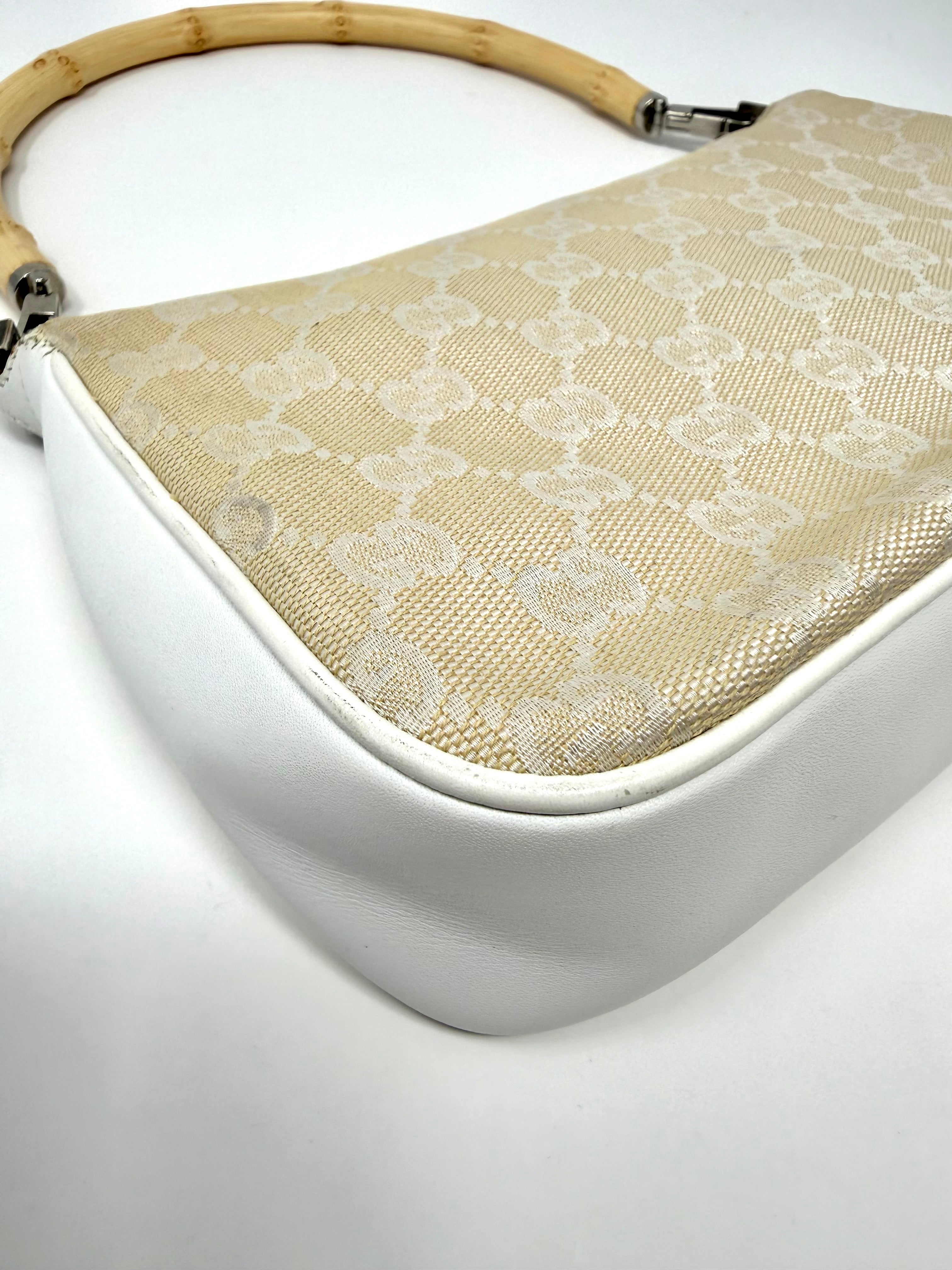 Gucci GG Canvas Bamboo Handle Pochette in Beige & White