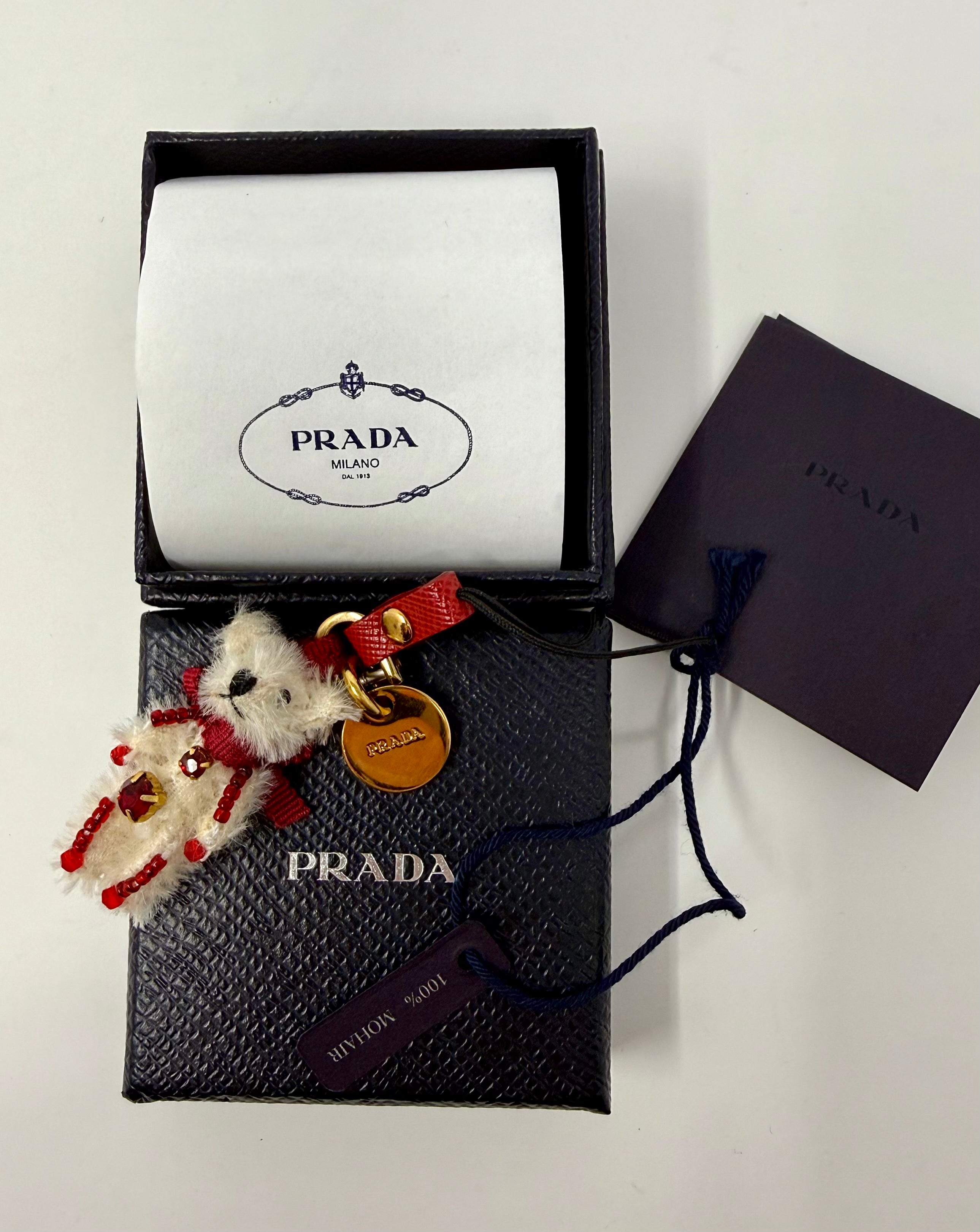 Prada Trick Mohair Teddy Bear Bag Charm – Cream & Red, Full Set