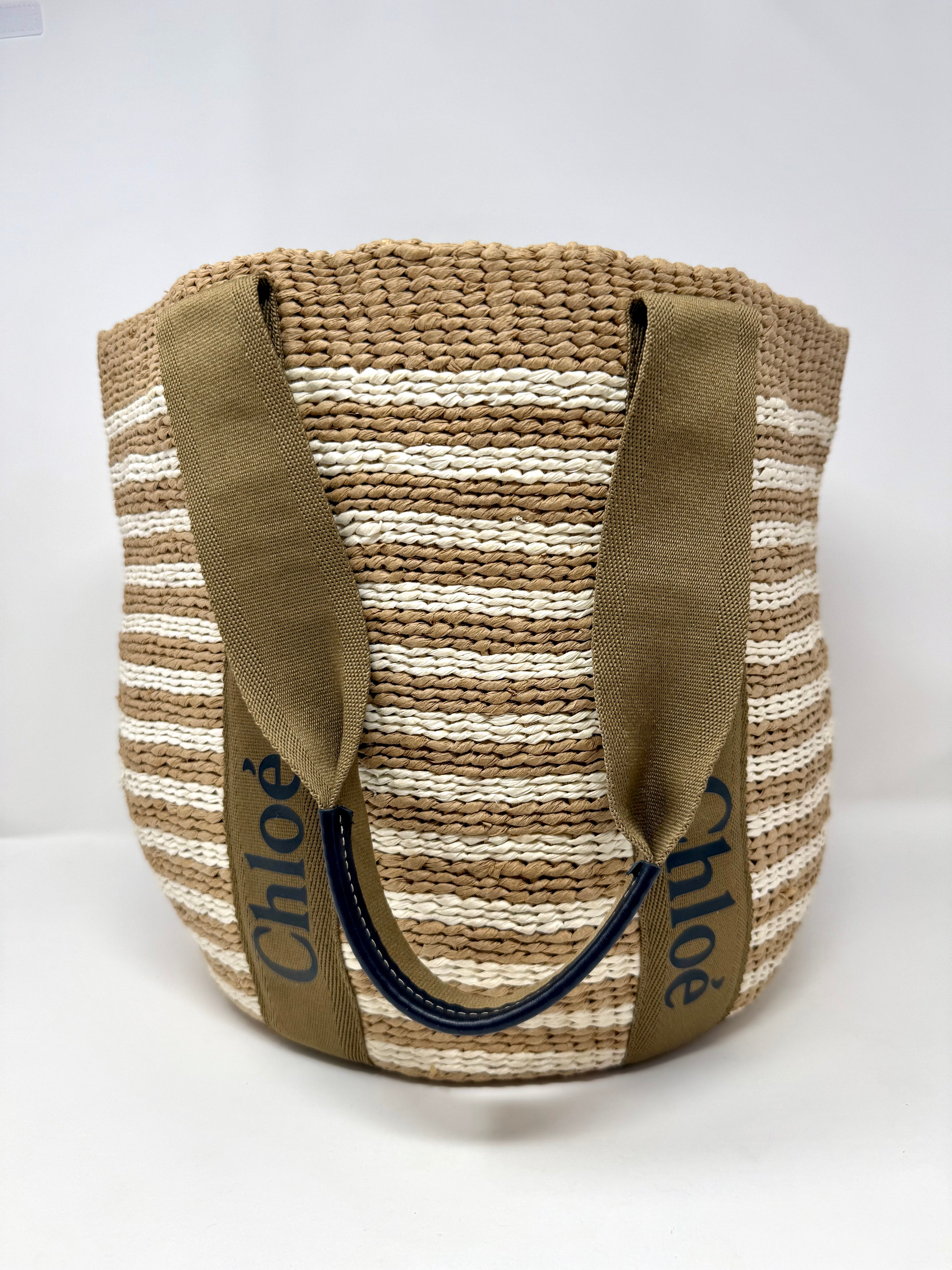 Chloé x Mifuko Woody Large Striped Basket Tote in Natural & White