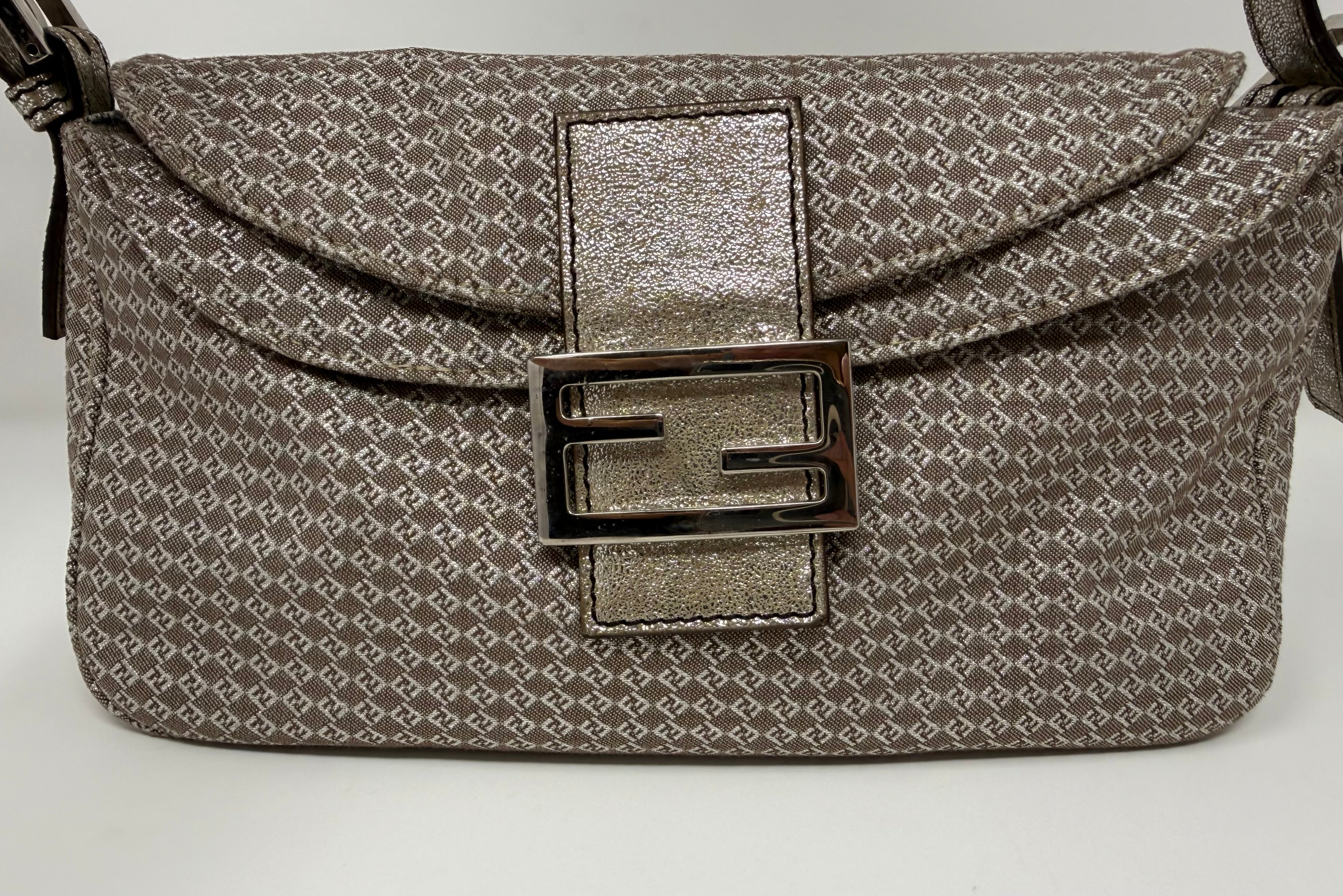 Fendi Vintage Champagne Metallic Zucchino Forever Baguette Shoulder Bag