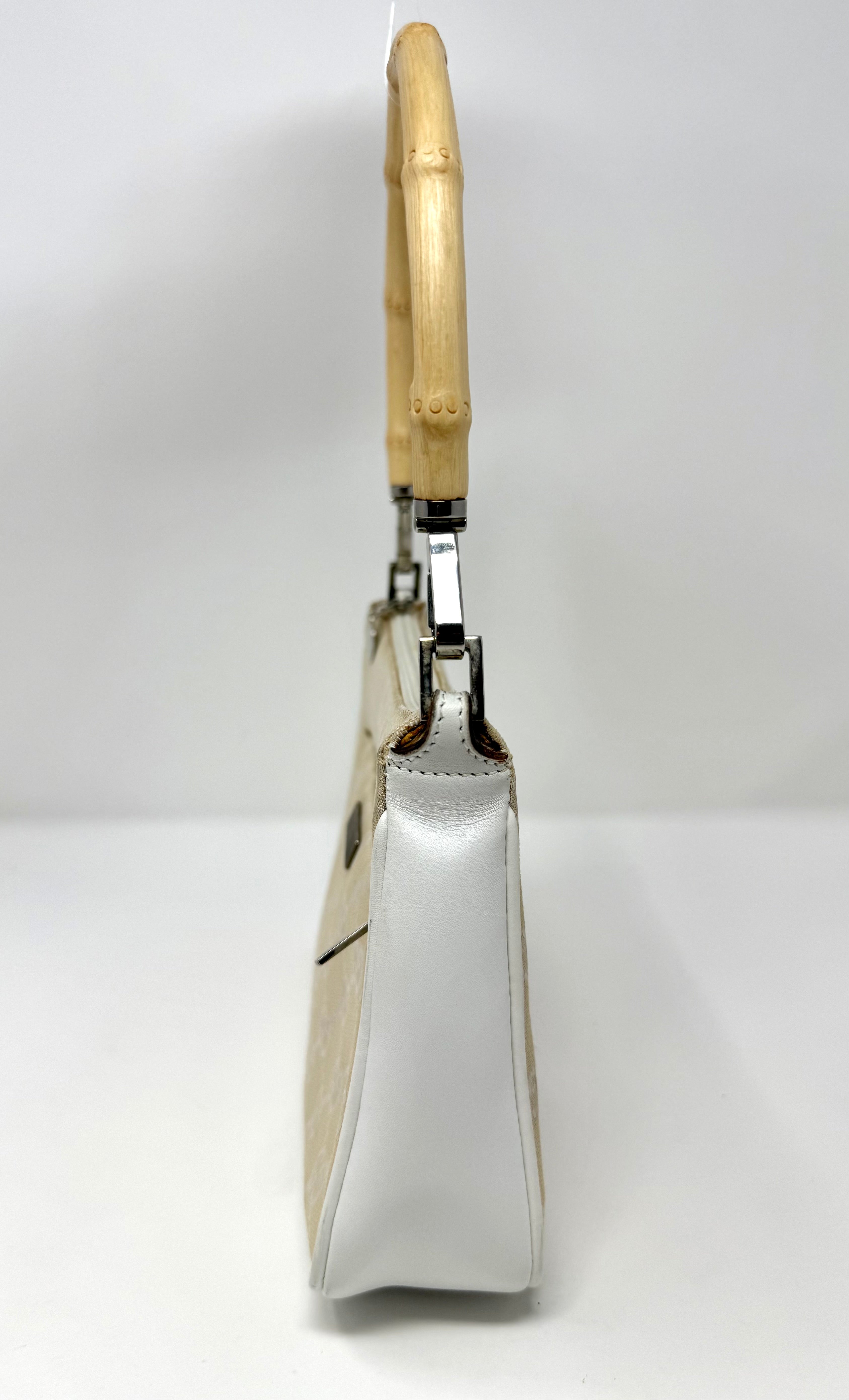Gucci GG Canvas Bamboo Handle Pochette in Beige & White
