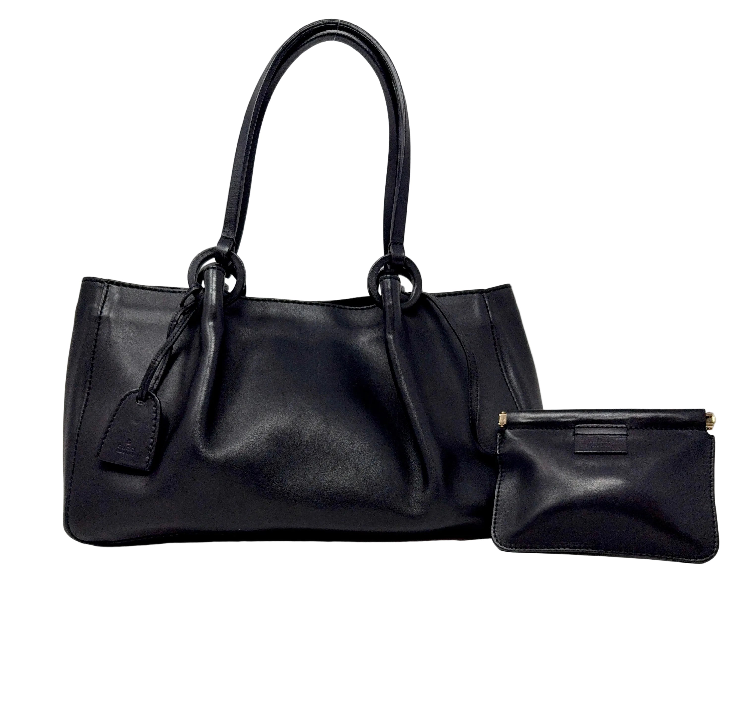 Vintage Gucci Vitello Black Calfskin Tote with Pouch