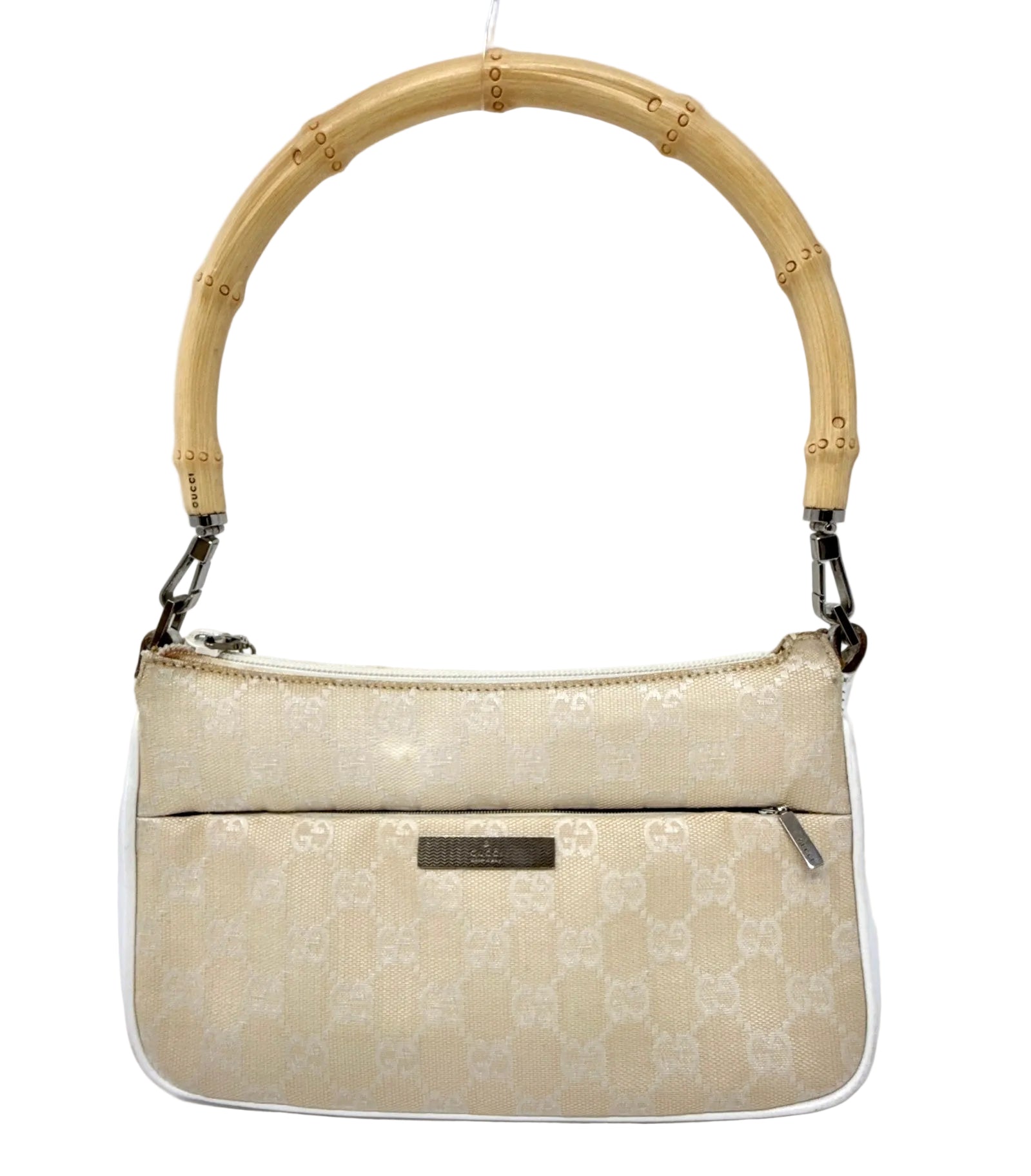 Gucci GG Canvas Bamboo Handle Pochette in Beige & White