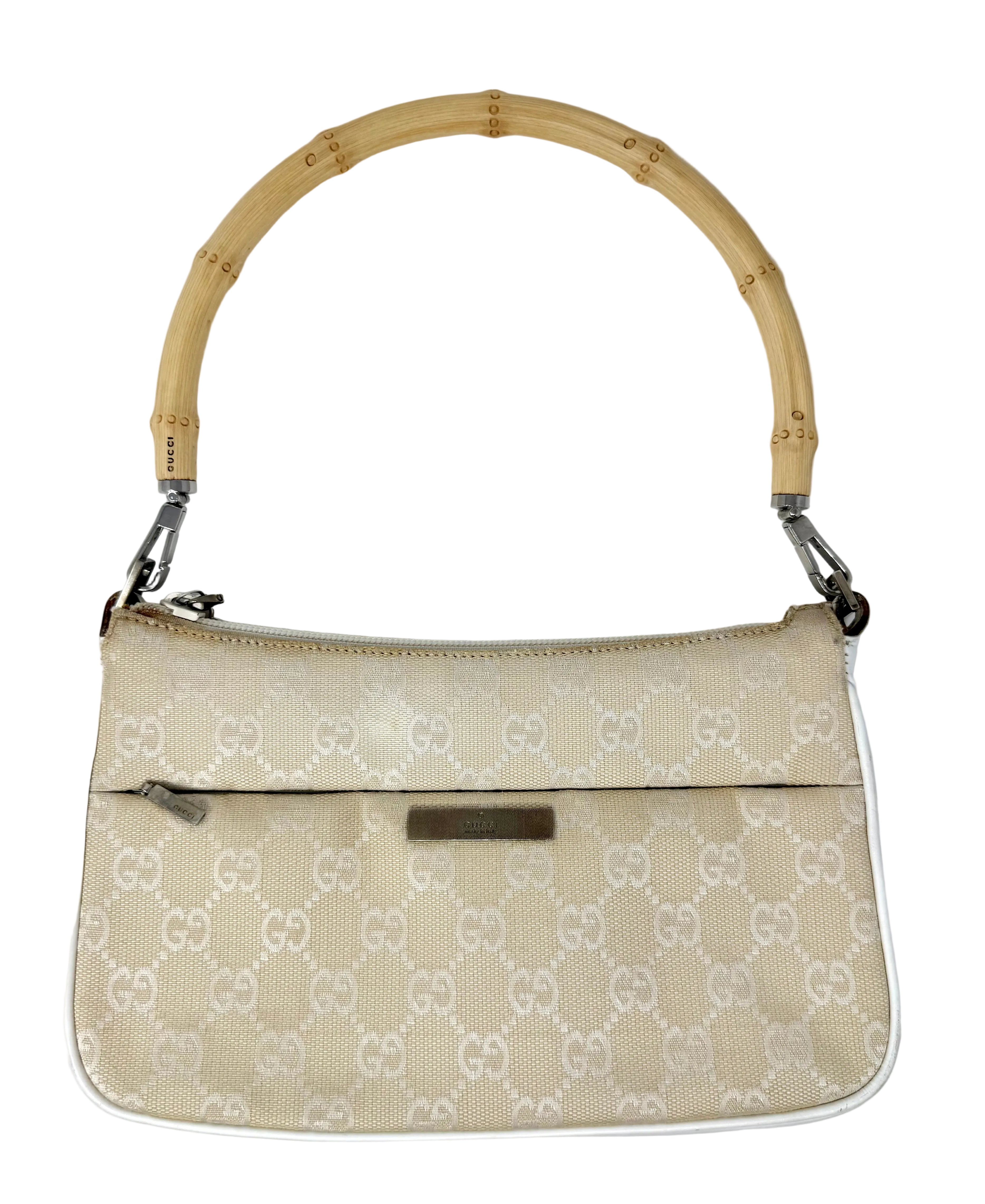 Gucci GG Canvas Bamboo Handle Pochette in Beige & White