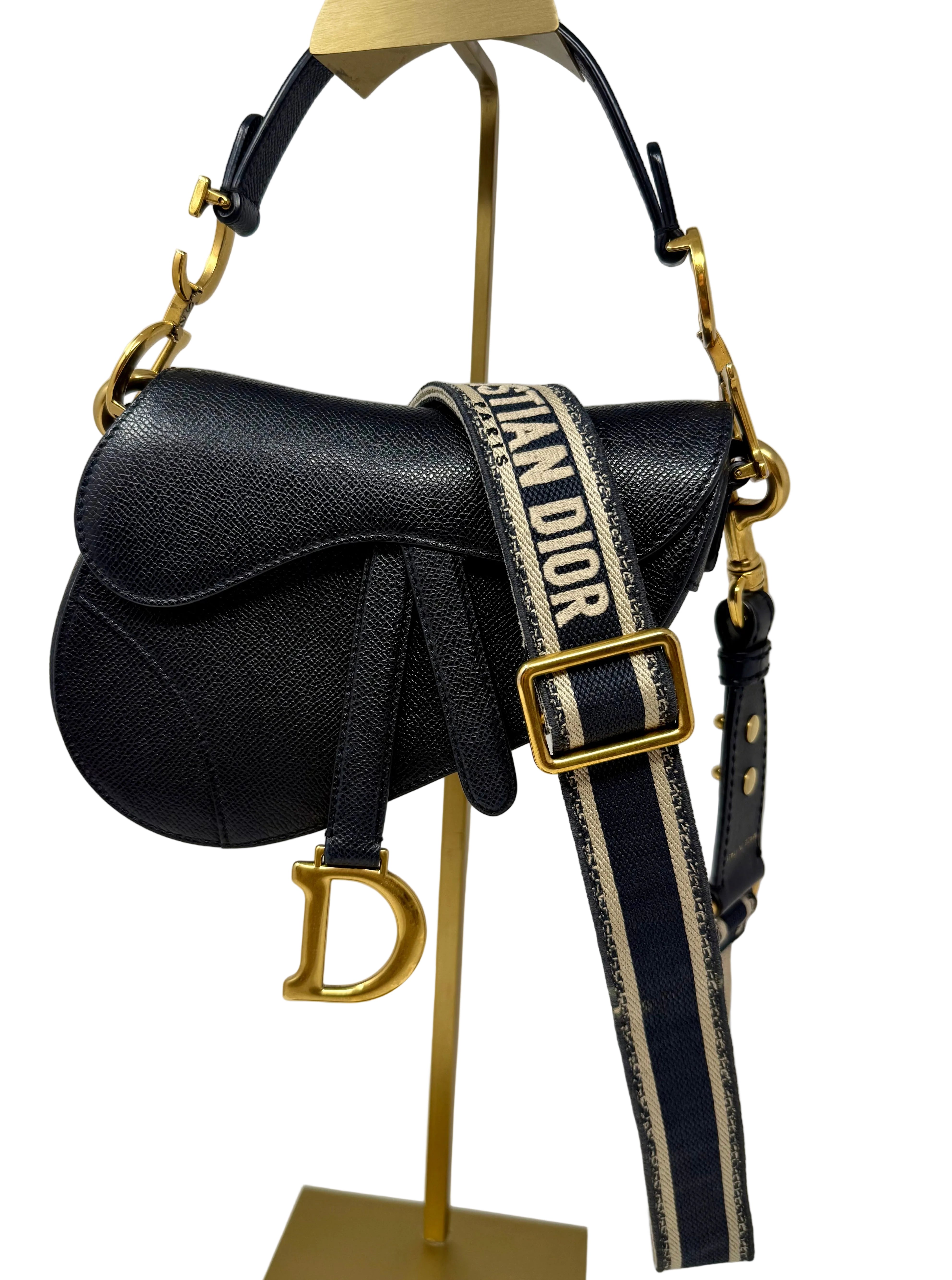 Christian Dior Mini Saddle Bag — Black Grained Calfskin with Strap (2022)