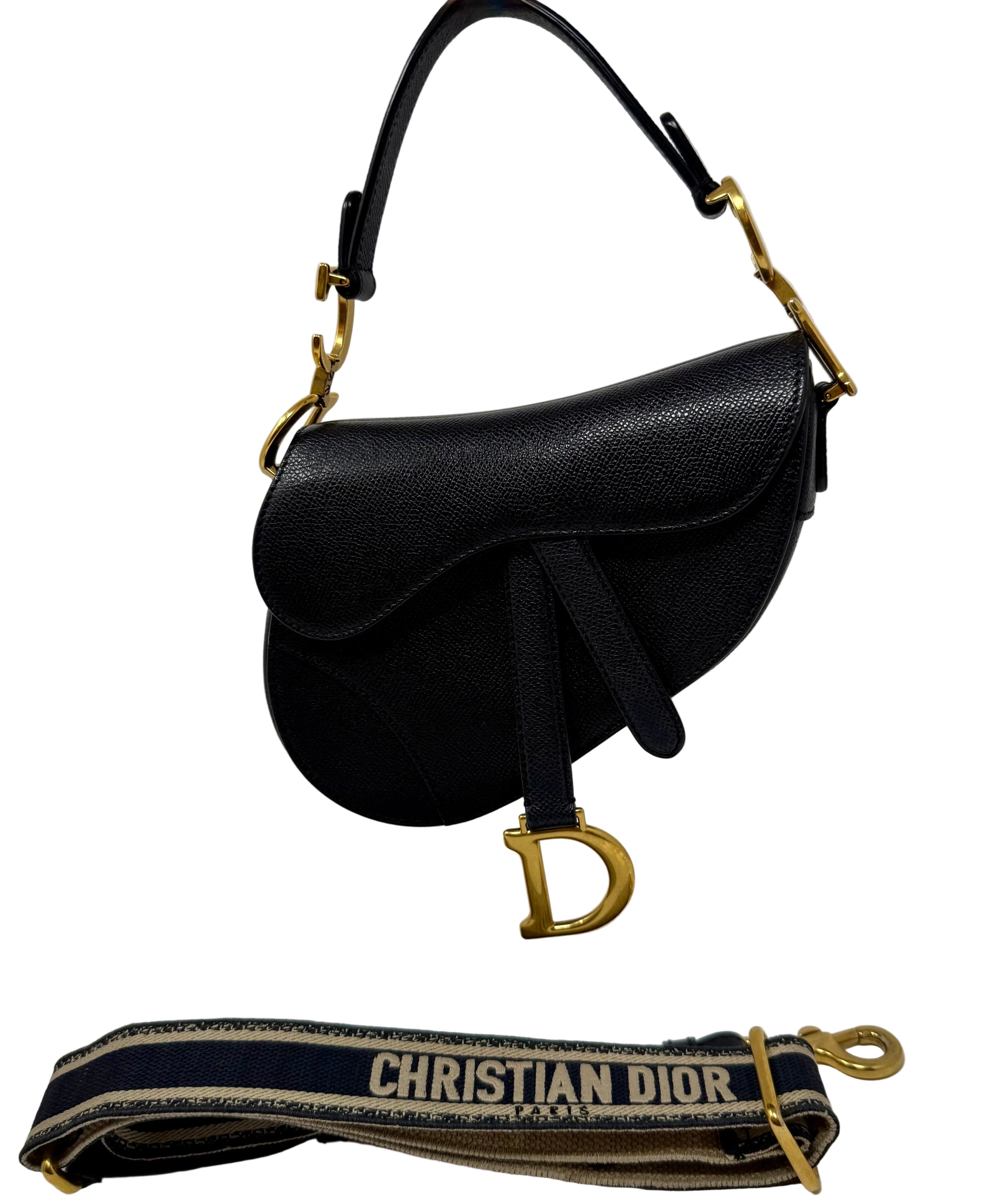 Christian Dior Mini Saddle Bag — Black Grained Calfskin with Strap (2022)