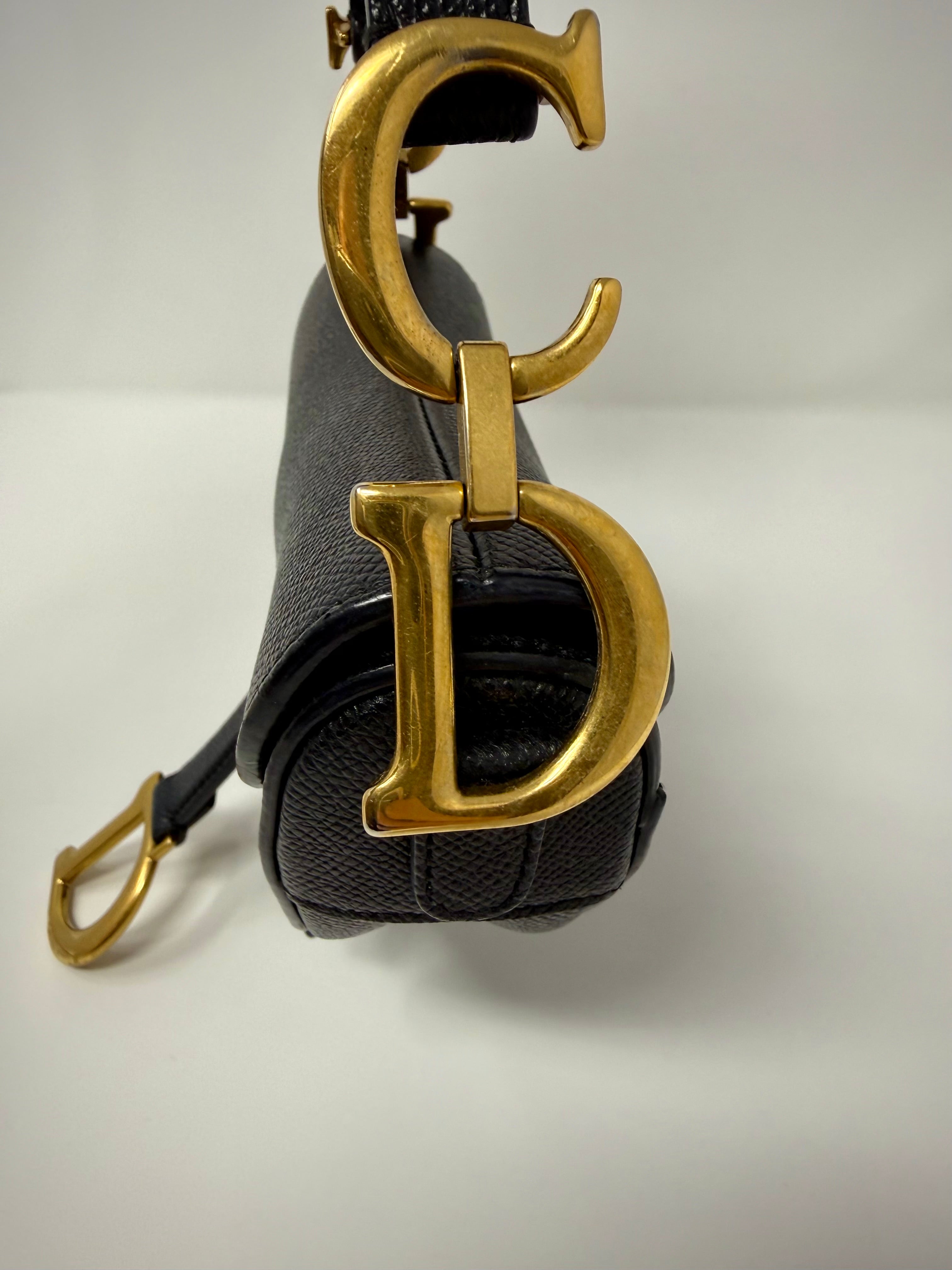 Christian Dior Mini Saddle Bag — Black Grained Calfskin with Strap (2022)
