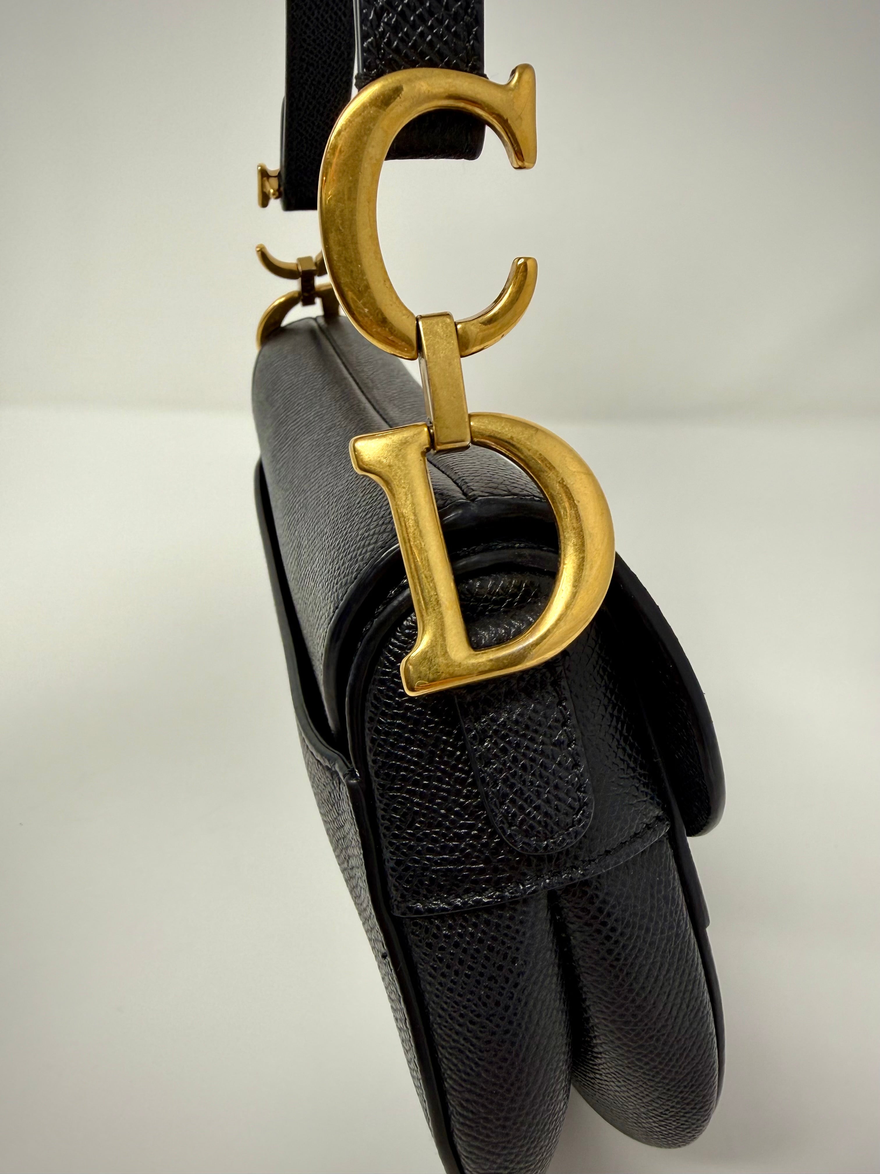 Christian Dior Mini Saddle Bag — Black Grained Calfskin with Strap (2022)