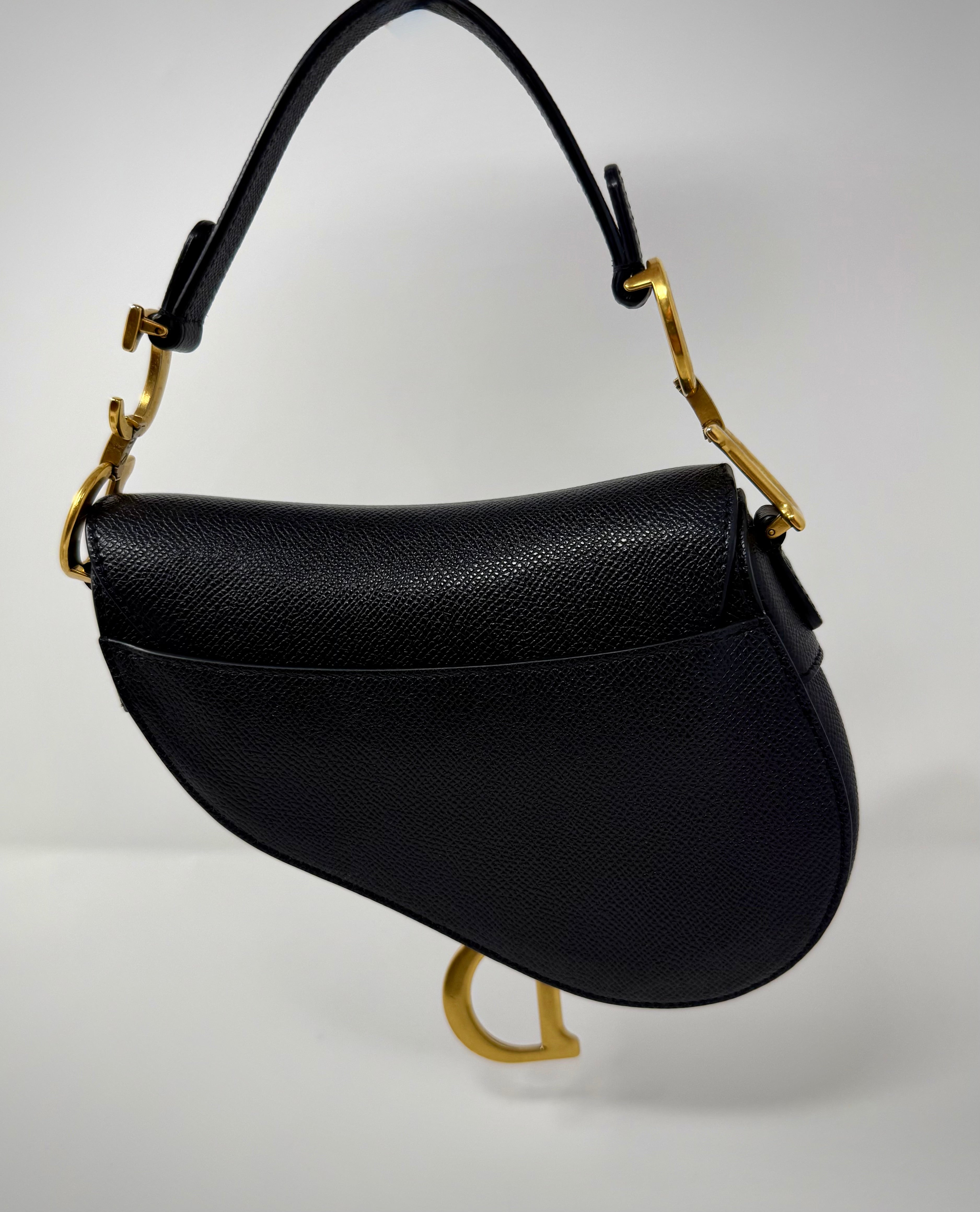 Christian Dior Mini Saddle Bag — Black Grained Calfskin with Strap (2022)