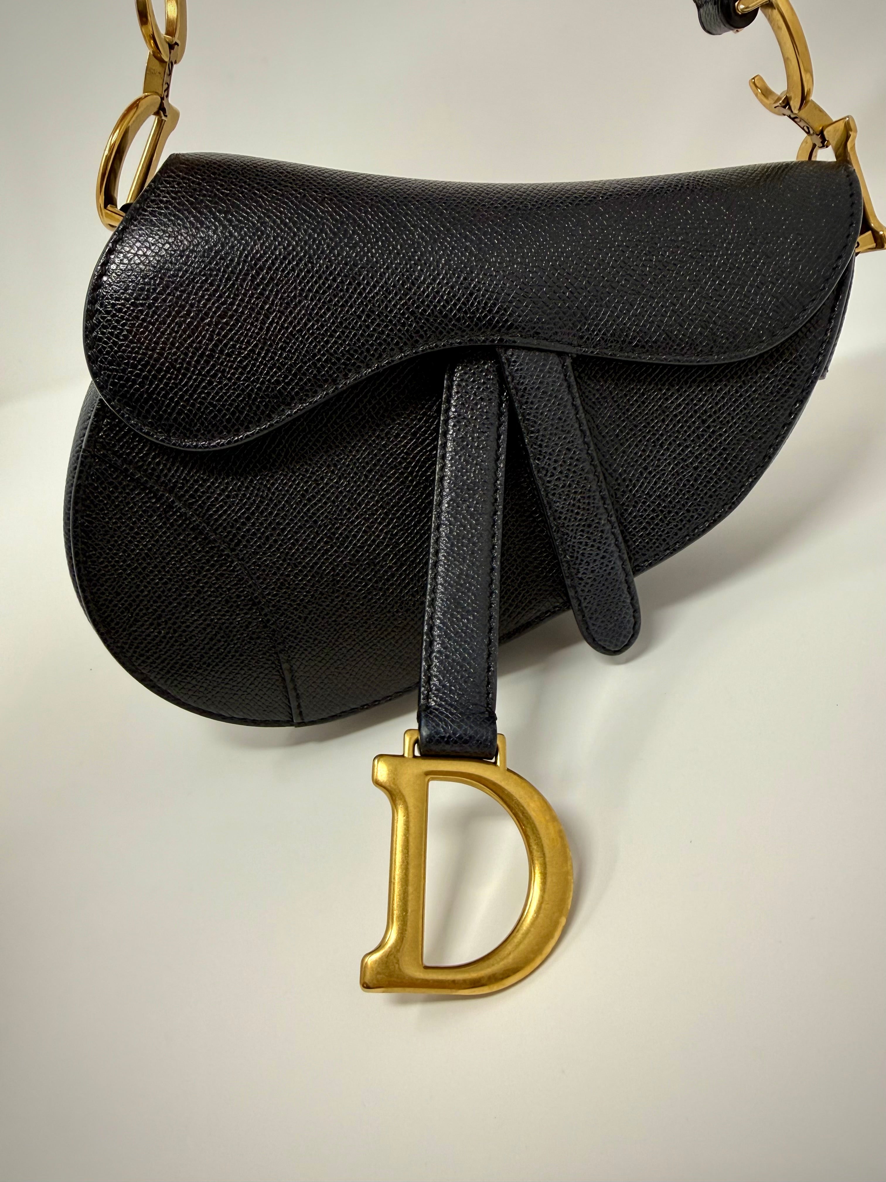 Christian Dior Mini Saddle Bag — Black Grained Calfskin with Strap (2022)