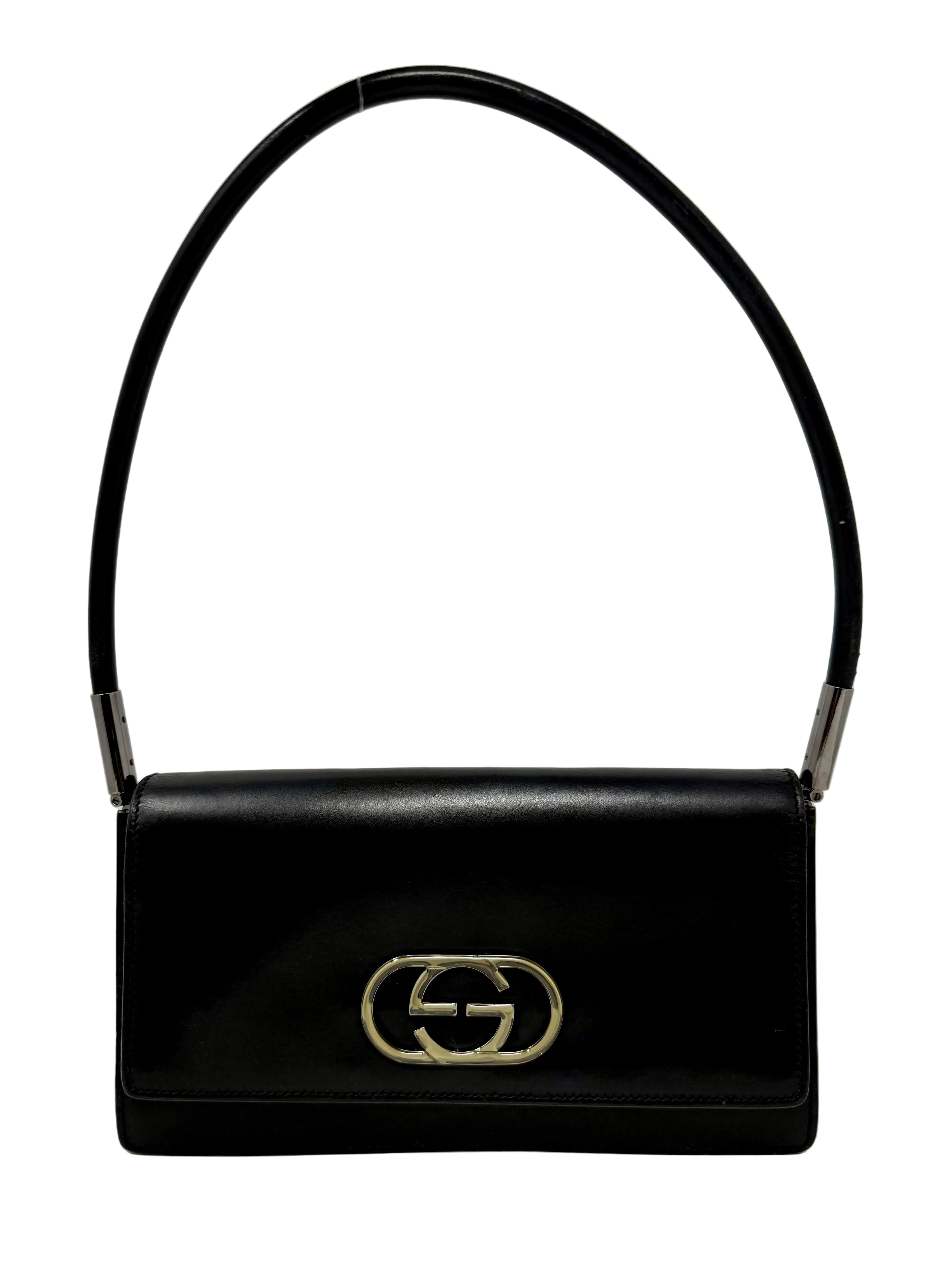 Gucci Vintage Black Leather Interlocking G Shoulder Bag