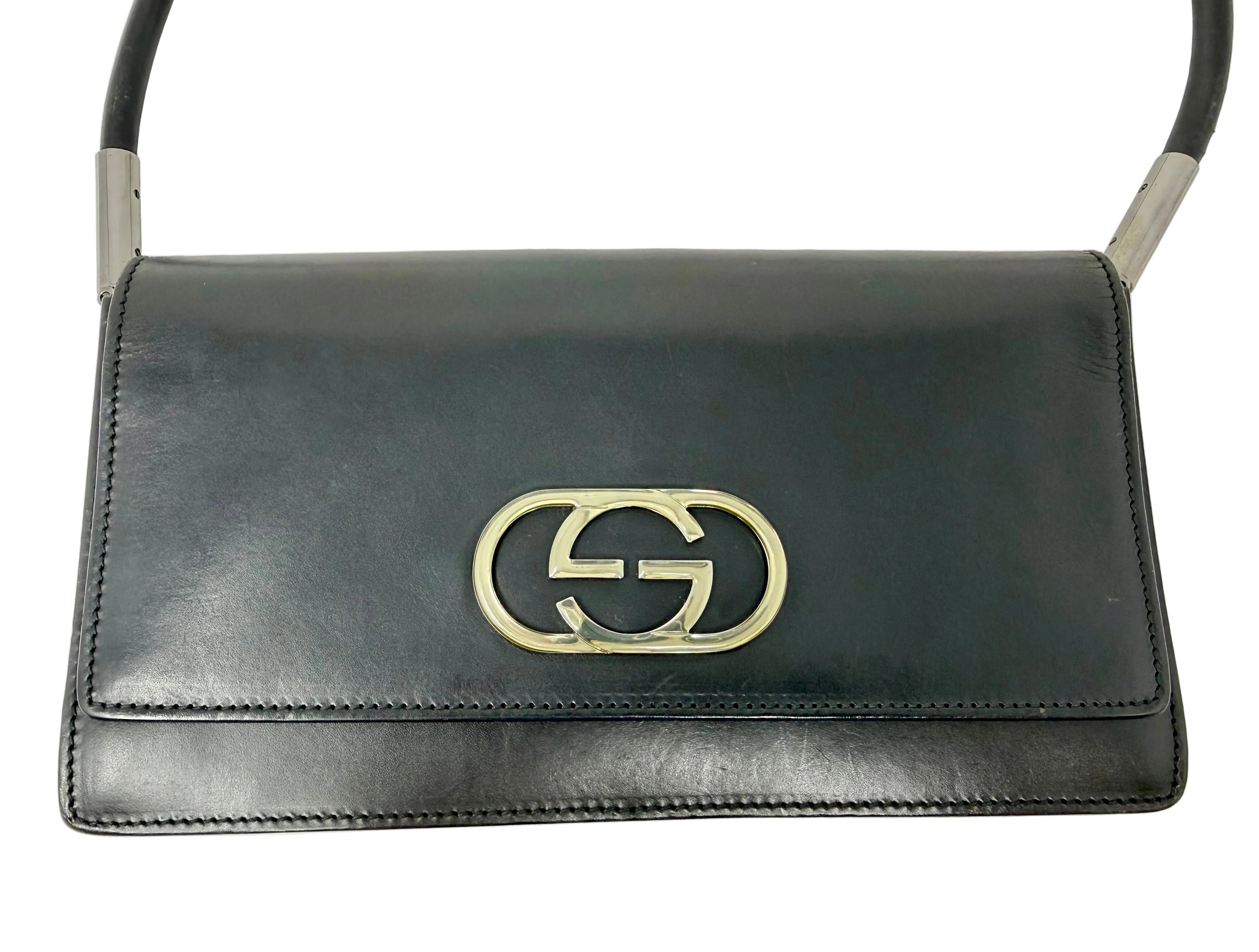 Gucci Vintage Black Leather Interlocking G Shoulder Bag