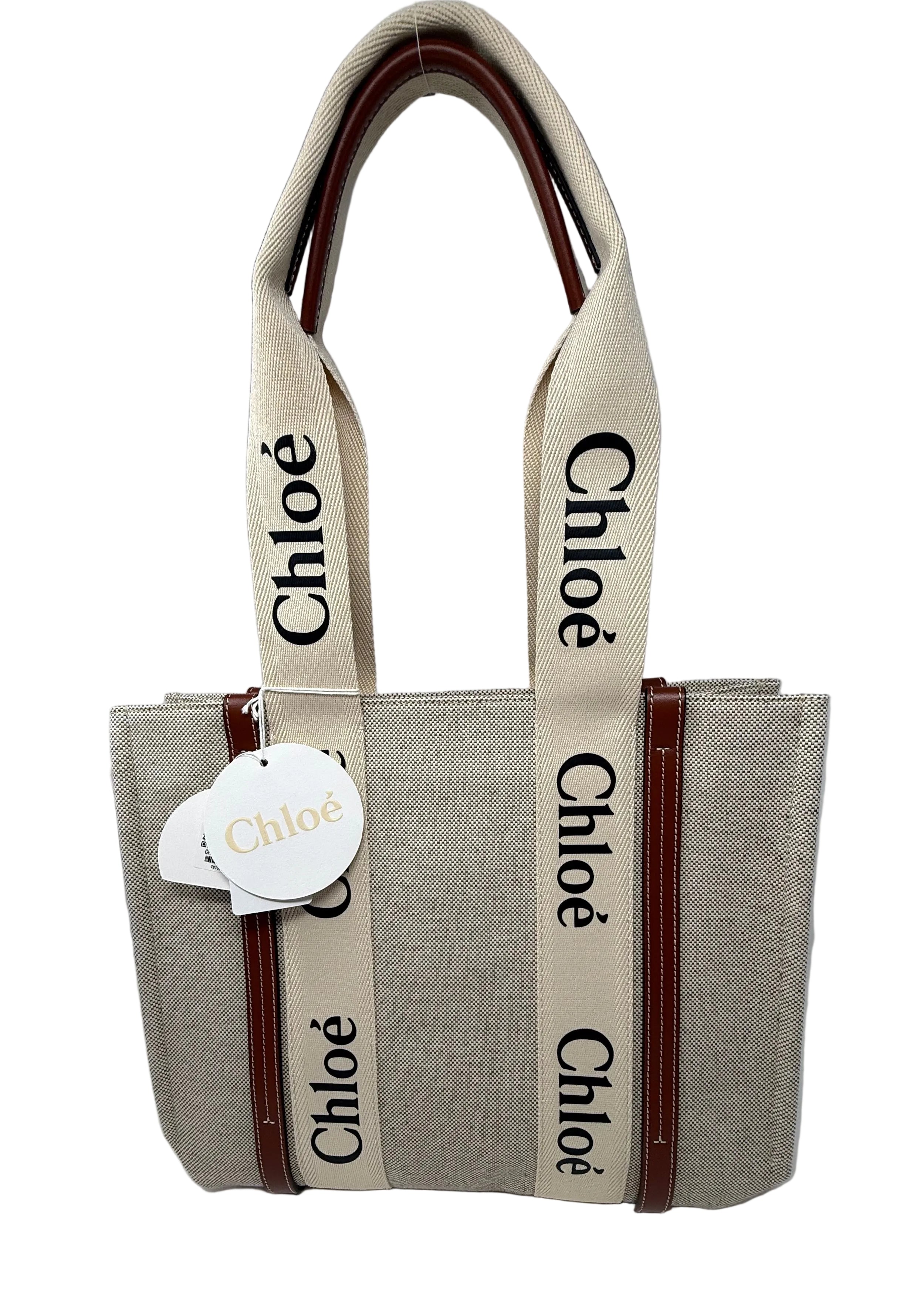 Chloé Medium Woody Tote, White & Brown, Like New