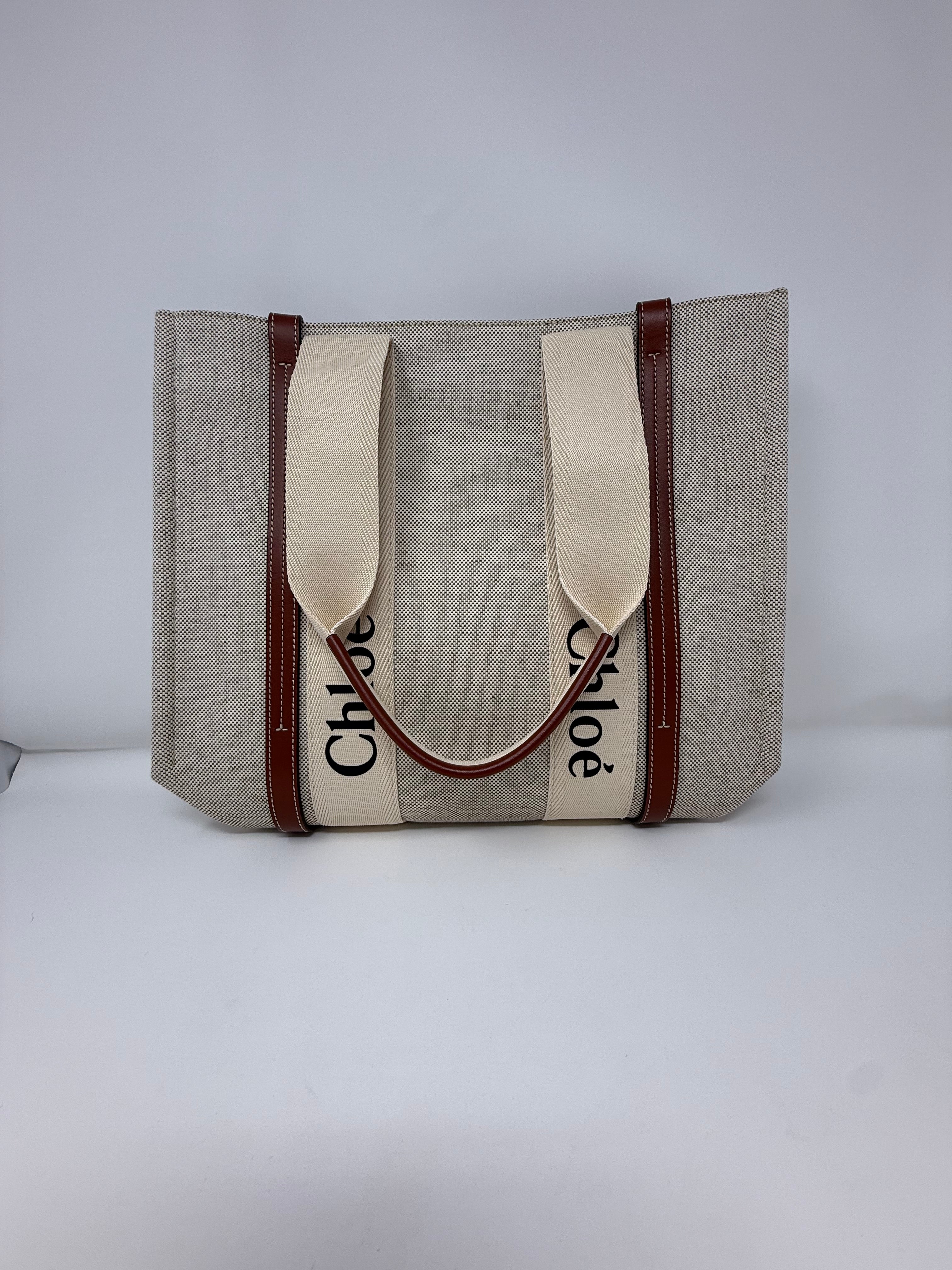 Chloé Medium Woody Tote, White & Brown, Like New