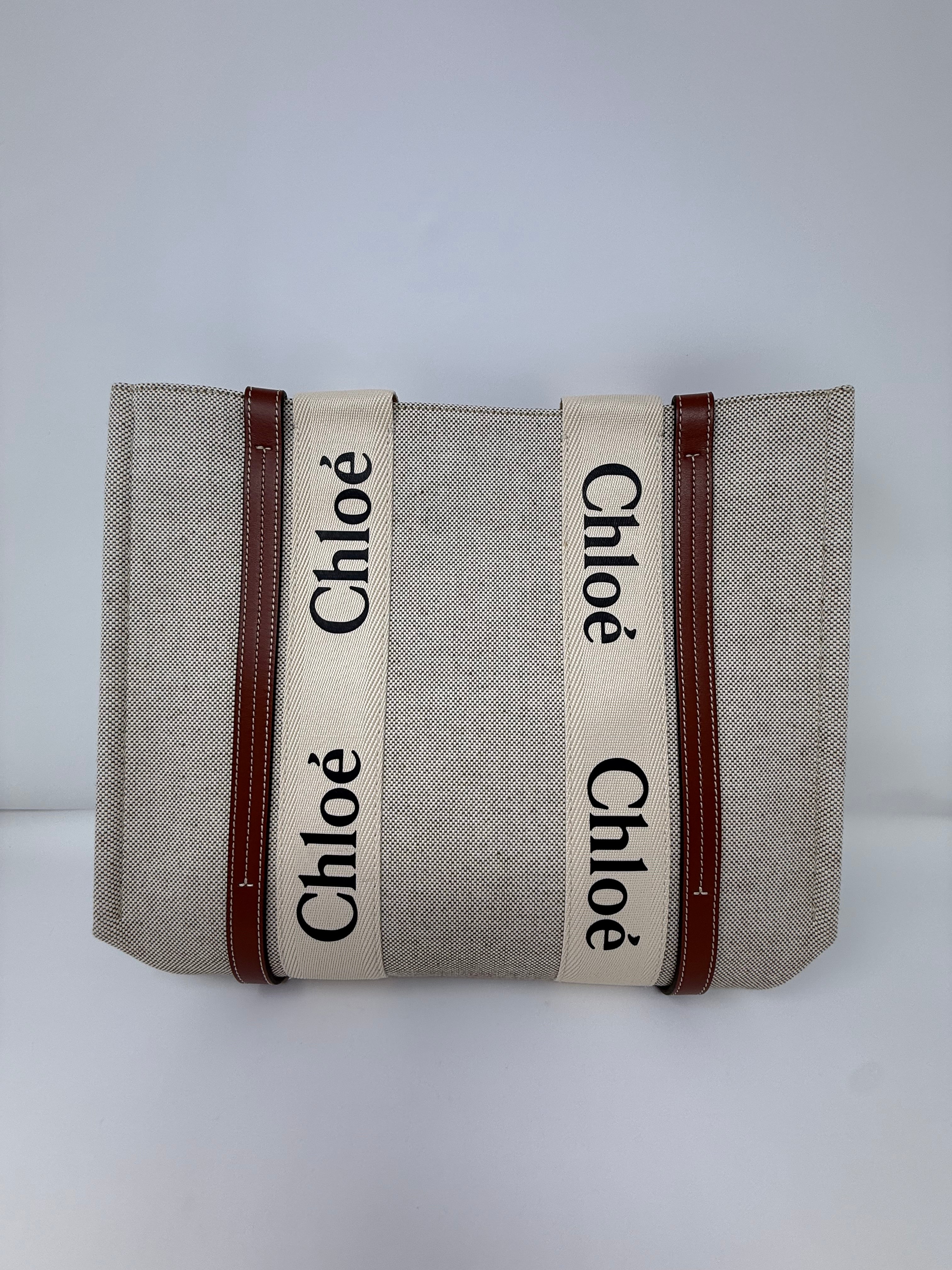 Chloé Medium Woody Tote, White & Brown, Like New