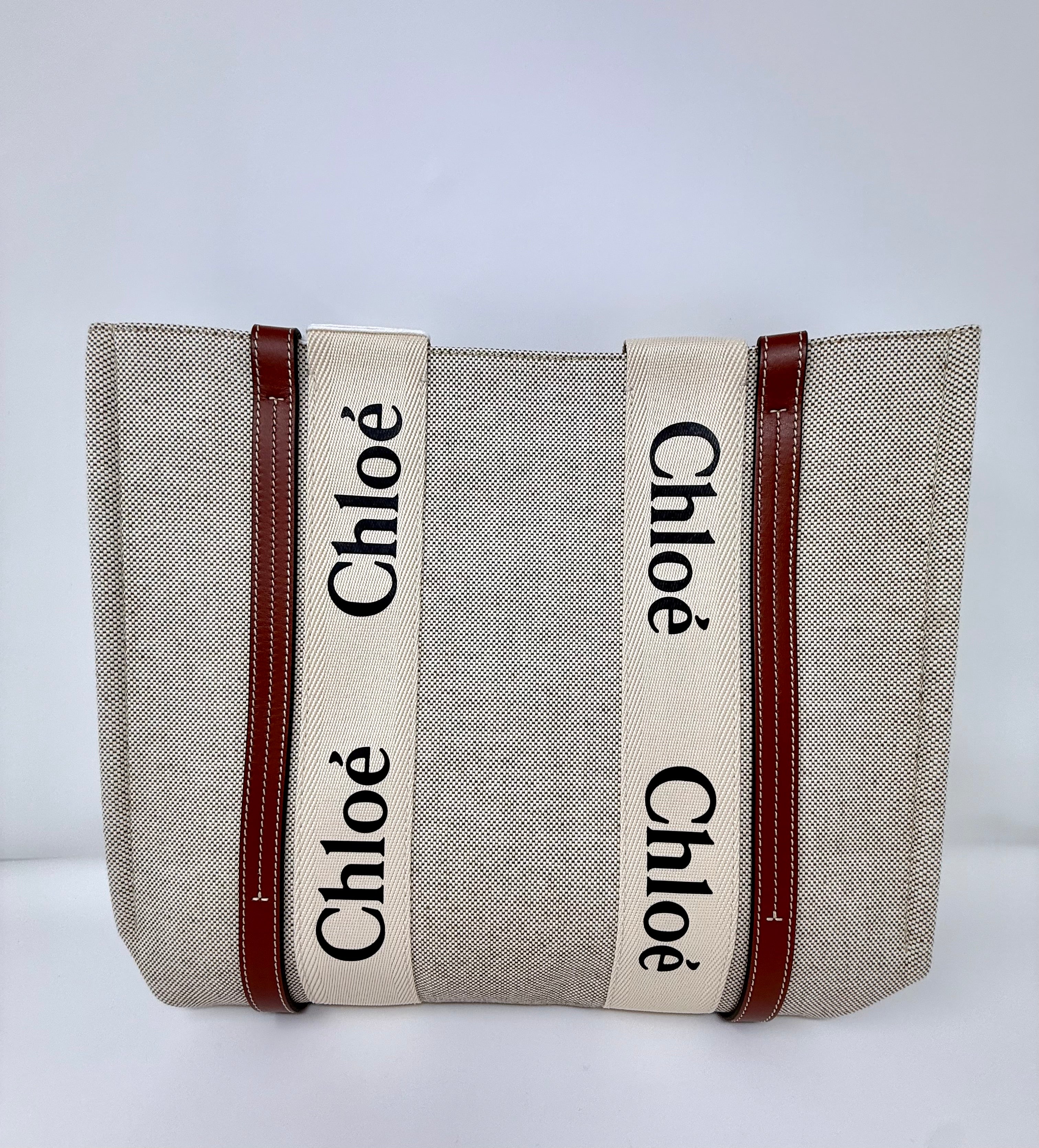 Chloé Medium Woody Tote, White & Brown, Like New