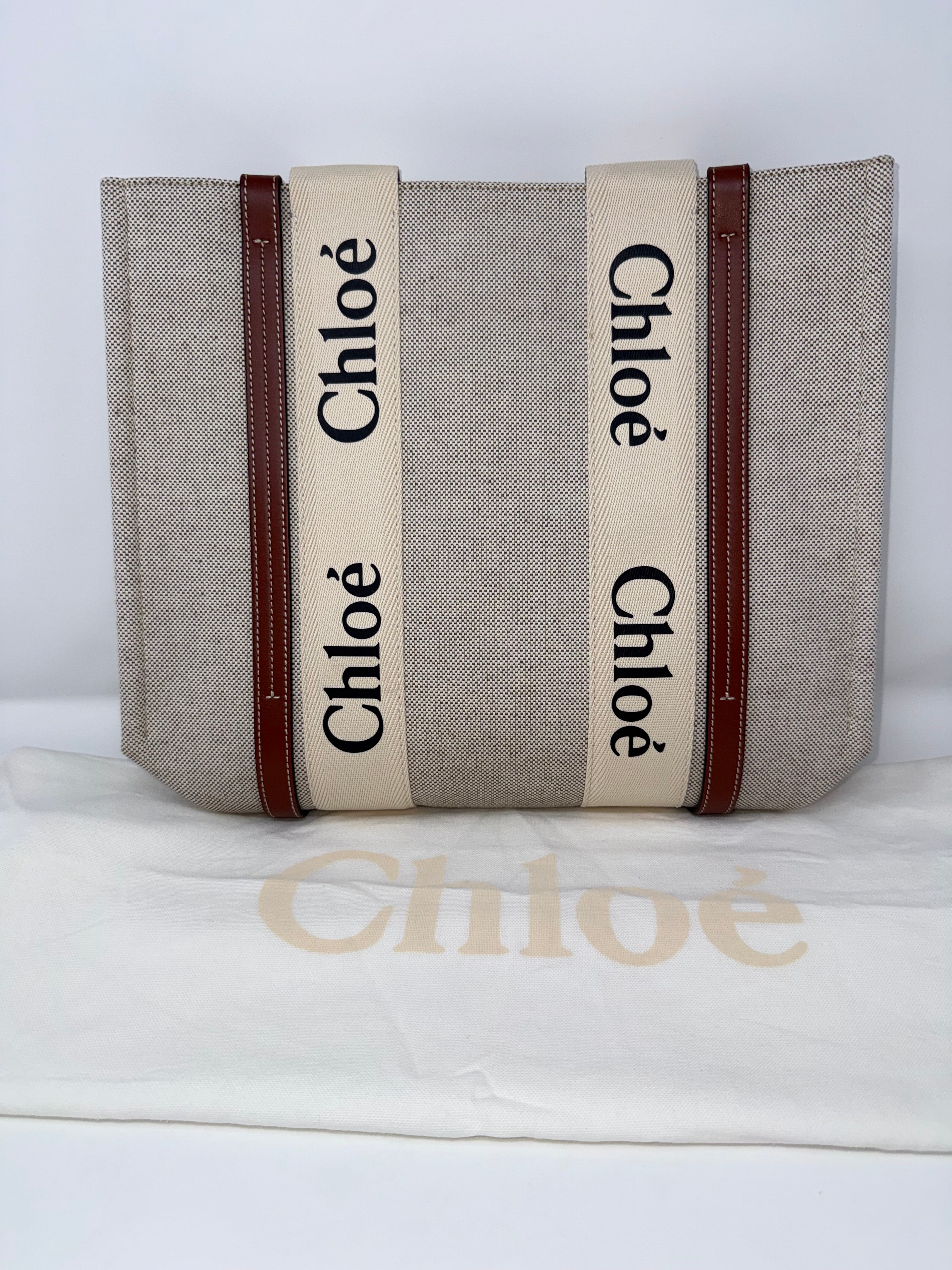 Chloé Medium Woody Tote, White & Brown, Like New
